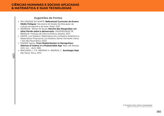 Sugestões de Fontes
RIO GRANDE DO NORTE. Referencial Curricular do Ensino
Médio Potiguar. Secretaria do Estado da Educação, da
cultura, do esporte e do lazer. Natal, 2021.
BARBOSA , Maíres de Sousa. Marcha das Margaridas: um
olhar florido sobre a democracia. UNIVERSIDADE DE
BRASILIA. Instituto de Ciência Política. Brasília, 2017.
DANTE, Luiz Roberto. Matemática em contextos: Estatística e
Matemática Financeira/ Luiz Roberto Dante, Fernando Viana.
1. Ed. São Paulo:Ática, 2020.
FRASER, Nancy. From Redistribution to Recognition:
Dilemas of Justice in a Postsocialist Age. New Left Review,
I/212, JUL. – AUG.,1995.
MACHADO, I. J. R.; AMORIM, H.; BARROS, C.. Sociologia Hoje.
São Paulo: Ática, 2013.
UC1
CIÊNCIAS HUMANAS E SOCIAIS APLICADAS
& MATEMÁTICA E SUAS TECNOLOGIAS
A Terra Para Viver, Comer e Empreender
UC1: Empreender e Financiar Sonhos
360
 