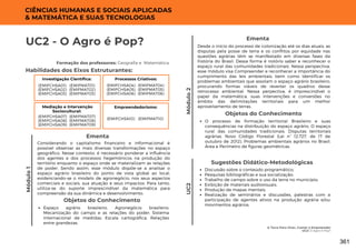 Módulo
1
A Terra Para Viver, Comer e Empreender
UC2: O Agro é Pop?
Formação dos professores: Geografia e Matemática
Considerando o capitalismo financeiro e informacional é
possível observar as mais diversas transformações no espaço
geográfico. Nesse contexto, é necessário ponderar a influência
dos agentes e dos processos hegemônicos na produção do
território enquanto o espaço onde se materializam as relações
de poder. Sendo assim, esse módulo dispõe-se a analisar o
espaço agrário brasileiro do ponto de vista global ao local,
evidenciando-se o modelo de agronegócio, nos seus aspectos
comerciais e sociais, sua atuação e seus impactos. Para tanto,
utiliza-se do suporte imprescindível da matemática para
compreensão da sua dinâmica e desenvolvimento.
Ementa
Discussão sobre o conteúdo programático;
Pesquisas bibliográficas e sua socialização;
Trabalho de campo sobre o uso da terra no município;
Exibição de materiais audiovisuais;
Produção de mapas mentais;
Realização de seminários e discussões, palestras com a
participação de agentes ativos na produção agrária e/ou
movimentos agrários.
Sugestões Didático-Metodológicas
Habilidades dos Eixos Estruturantes:
UC2 - O Agro é Pop?
Investigação Científica:
(EMIFMAT01)
(EMIFMAT02)
(EMIFMAT03)
(EMIFCHSA01)
(EMIFCHSA02)
(EMIFCHSA03)
Módulo
2
Desde o início do processo de colonização até os dias atuais, as
disputas pela posse de terra e os conflitos por equidade nas
questões agrárias têm se manifestado em diversas fases da
história do Brasil. Dessa forma é notório saber e reconhecer o
espaço rural das comunidades tradicionais. Nessa perspectiva,
esse módulo visa Compreender e reconhecer a importância do
cumprimento das leis ambientais, bem como identificar os
problemas ambientais que assolam o espaço agrário brasileiro,
procurando formas viáveis de reverter os quadros desse
retrocesso ambiental. Nessa perpectiva, é imprescindível o
papel da matemática, suas intervenções e conversões no
âmbito das delimitações territoriais para um melhor
aproveitamento de terras.
Ementa
Objetos do Conhecimento
Espaço agrário brasileiro, Agronegócio brasileiro;
Mecanização do campo e as relações do poder; Sistema
internacional de medidas; Escala cartográfica; Relações
entre grandezas.
Processos Criativos:
(EMIFMAT04)
(EMIFMAT05)
(EMIFMAT06)
(EMIFCHSA04)
(EMIFCHSA05)
(EMIFCHSA06)
Mediação e Intervenção
Sociocultural:
(EMIFMAT07)
(EMIFMAT08)
(EMIFMAT09)
(EMIFCHSA07)
(EMIFCHSA08)
(EMIFCHSA09)
Empreendedorismo:
(EMIFMAT10)
(EMIFCHSA10)
CIÊNCIAS HUMANAS E SOCIAIS APLICADAS
& MATEMÁTICA E SUAS TECNOLOGIAS
Objetos do Conhecimento
O processo de formação territorial Brasileiro e suas
consequências na distribuição do espaço agrário. O espaço
rural das comunidades tradicionais. Disputas territoriais
agrárias. Novo Código Florestal (Lei n° 12.727, de 17 de
outubro de 2012). Problemas ambientais agrários no Brasil.
Área e Perímetro de figuras geométricas.
UC2
361
 
