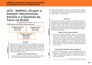 Módulo
1
A Terra Para Viver, Comer e Empreender
UC5: Refletir, Ocupar e Resistir: Movimentos Sociais e a Questão da Terra no Brasil
UC5 - Refletir, Ocupar e
Resistir: Movimentos
Sociais e a Questão da
Terra no Brasil
Formação dos professores: Filosofia e Sociologia
Nesse módulo serão analisados os movimentos sociais que
estiveram e estão presentes na História de todas as sociedades
e portanto, compreendê-los como fenômenos que resultam de
algum tipo de conflito (seja ele de classe, gênero, etnia ou até
mesmo de geração) e/ou tomada de consciência crítica do
sujeito em relação ao seu papel social para a construção de
uma efetiva democratização.
Ementa
Habilidades dos Eixos Estruturantes:
Investigação Científica:
(EMIFCHSA01)
(EMIFCHSA02)
(EMIFCHSA03)
Módulo
2
Objetos do Conhecimento
A filosofia como busca de respostas racionais para conflitos
da existência humana, em face dos problemas atuais;
Processos Criativos:
(EMIFCHSA04)
(EMIFCHSA05)
(EMIFCHSA06)
CIÊNCIAS HUMANAS E SOCIAIS APLICADAS
& MATEMÁTICA E SUAS TECNOLOGIAS
UC5
Mediação e Intervenção
Sociocultural:
(EMIFCHSA07)
(EMIFCHSA08)
(EMIFCHSA09)
Conceito de cidadania: o que é e o que significa ser cidadão;
Conceito de Democracia: o que é e percurso histórico; Conceito
de ideologia: o que é e quais nos sustentam; Dialética do
senhor e escravo – filósofo Hegel.
Esse módulo propõe-se a analisar e compreender analisar e
compreender as motivações históricas, sociais e filosóficas dos
movimentos sociais relacionados à questão agrária (como por
exemplo o MST), bem como conhecer personalidades que
lutaram e lutam à frente destes movimentos. Será fruto de
investigação os paradoxos que o Brasil enfrenta em relação à
produção de alimentos e a fome, a quantidade de terras e a
sua distribuição irregular.
Ementa
Objetos do Conhecimento
Movimentos sociais: Definição, modos e características;
Como e por que surgem em diversos momentos históricos?
Como são constituídos? Definição e Características dos
movimentos sociais no campo: O que pretendem, como e
por que surgem? Análise do movimento Ligas Camponesas,
Marcha das Margaridas e caso da missionária Dorothy
Stang; Análise da obra de João Cabral de Melo Neto; Morte
e Vida Severina, na discussão sobre representatividade das
lutas no campo.
Discutir e problematizar a noção preconcebida de que a
filosofia é uma atividade restrita a pequenos grupos de
intelectuais e mostrar que, em um sentido amplo do termo,
todas as pessoas são filósofas e, portanto, também os
próprios estudantes;
Sugestões Didático-Metodológicas
365
 