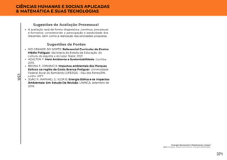 Sugestões de Fontes
RIO GRANDE DO NORTE. Referencial Curricular do Ensino
Médio Potiguar. Secretaria do Estado da Educação, da
cultura, do esporte e do lazer. Natal, 2021.
ADALTON F. Meio Ambiente e Sustentabilidade. Curitiba,
2015.
BRUNA F.; ERNANO A. Impactos ambientais dos Parques
Eólicos na região da Costa Branca Potiguar. Universidade
Federal Rural do Semiárido (UFERSA) – Pau dos Ferros/RN,
junho, 2017.
JOÃO P.; RAPHAEL S.; IGOR B. Energia Eólica e os Impactos
Ambientais: Um Estudo De Revisão. UNINGÁ, setembro de
2016.
UC1
CIÊNCIAS HUMANAS E SOCIAIS APLICADAS
& MATEMÁTICA E SUAS TECNOLOGIAS
A avaliação será de forma diagnóstica, contínua, processual
e formativa, considerando a participação e assiduidade dos
discentes, bem como a realização das atividades propostas .
Sugestões de Avaliação Processual
Energia Renovável é Realmente Limpa?
UC1: Energia, Desenvolvimento e Sustentabilidade
371
 
