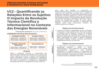 Energia Renovável é Realmente Limpa?
UC2: Quantificando as Relações Entre os Sujeitos: O Impacto da Revolução
Técnico Científica e Informacional no Contexto das Energias Renováveis
UC2 - Quantificando as
Relações Entre os Sujeitos:
O Impacto da Revolução
Técnico Científica e
Informacional no Contexto
das Energias Renováveis
Formação dos professores: Sociologia e Matemática
Desde a Revolução Industrial, a humanidade vem
experimentando alterações nas relações sociais e econômicas
entre os sujeitos numa escala de rupturas e reordenações de
classes, identidades, culturas e espaços sem precedentes.
Novas classes sociais surgiram. Notadamente, os proprietários
dos meios de produção e os proletários ou trabalhadores
assalariados assumiram o protagonismo histórico, político e
Ementa
Habilidades dos Eixos Estruturantes:
Investigação Científica:
(EMIFMAT01)
(EMIFMAT02)
(EMIFMAT03)
(EMIFCHSA01)
(EMIFCHSA02)
(EMIFCHSA03)
Módulo
1
Processos Criativos:
(EMIFMAT04)
(EMIFMAT05)
(EMIFMAT06)
(EMIFCHSA04)
(EMIFCHSA05)
(EMIFCHSA06)
Mediação e Intervenção
Sociocultural:
(EMIFMAT07)
(EMIFMAT08)
(EMIFCHSA07)
(EMIFCHSA08)
Empreendedorismo:
(EMIFMAT10)
(EMIFMAT11)
(EMIFCHSA10)
(EMIFCHSA11)
CIÊNCIAS HUMANAS E SOCIAIS APLICADAS
& MATEMÁTICA E SUAS TECNOLOGIAS
social nesta nova realidade. O imperialismo ou
Neocolonialismo dos séculos XIX e XX arruinaram sociedades e
modos de vida tradicionais, ao passo que o advento da
globalização, agravaram os problemas socioambientais. Nessa
perspectiva, os módulos dispõem-se a analisar e compreender
essa complexa gama de transformações e desafios humanos,
nas vertentes sociológica e matemática. Dessa forma, deve-se
utiliza-se das quantificações, análises de dados, tabelas,
equações e planilhas que permitem a mensuração dos
impactos sociais desta revolucionária dinâmica de
transformações entre os sujeitos.
Objetos do Conhecimento
O sentido do trabalho; Desigualdade social e dominação;
Globalização e novas questões sociais; Tecnologia, trabalho
e mudanças sociais; Mudanças culturais na sociedade
global; Resolução de problemas envolvendo as quatro
operações fundamentais da Matemática; Interpretação de
dados; Interpretação de tabelas e gráficos; Densidade
demográfica. Notação científica; Grandezas quantitativas;
Progressões Aritméticas e Geométricas.
Módulo
2
A cultura que se mundializa; A religião em tempos de
globalização; Cidadania e política no mundo
contemporâneo; O meio ambiente como questão global;
Desenvolvimento capitalista e meio ambiente;
Ecossistemas e mudanças globais; A implantação dos
parques de energia eólica no Rio Grande do Norte; Linha do
tempo; Estatísticas; Interpretação de dados; Interpretação
de tabelas e gráficos. Modelagem Matemática.
Objetos do Conhecimento
372
 