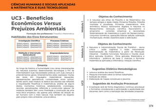 Energia Renovável é Realmente Limpa?
UC3: Benefícios Econômicos Versus Prejuízos Ambientais
UC3 - Benefícios
Econômicos Versus
Prejuízos Ambientais
Formação dos professores: Filosofia e Matemática
Ao longo da história, a humanidade criou várias interpretações
da natureza (cosmos), desenvolvendo tecnologias a fim de
intermediarem suas necessidades práticas com suas crenças e
entendimentos gerais. Entendimentos estes, expressos muitas
das vezes em linguagens matemáticas (equações,
representações geométricas, contabilidade, entre outros).
Sendo assim, esse módulo se dedica aos estudos das reflexões
e inquietações filosóficas e matemáticas, análise de alguns
destes momentos históricos, estabelecendo cronologias,
recortes, periodizações, refletindo e construindo saberes. Os
módulos também têm como finalidade a construção de uma
nova ética empática, não apenas pela reflexão da relação do
ser humano com o meio natural, mas também do respeito
pelo próprio meio ambiente: uma ecoética.
Ementa
Habilidades dos Eixos Estruturantes:
Investigação Científica:
(EMIFMAT01)
(EMIFMAT02)
(EMIFMAT03)
(EMIFCHSA01)
(EMIFCHSA02)
(EMIFCHSA03)
Módulo
1
Processos Criativos:
(EMIFMAT04)
(EMIFMAT05)
(EMIFMAT06)
(EMIFCHSA04)
(EMIFCHSA05)
(EMIFCHSA06)
Mediação e Intervenção
Sociocultural:
(EMIFMAT07)
(EMIFMAT08)
(EMIFMAT09)
(EMIFCHSA07)
(EMIFCHSA08)
(EMIFCHSA09)
Empreendedorismo:
(EMIFMAT10)
(EMIFMAT11)
(EMIFMAT12)
(EMIFCHSA10)
(EMIFCHSA11)
(EMIFCHSA12)
CIÊNCIAS HUMANAS E SOCIAIS APLICADAS
& MATEMÁTICA E SUAS TECNOLOGIAS
Objetos do Conhecimento
A natureza aos olhos da Filosofia e da Matemática nos
tempos antigos e idade média; Primeiros filósofos: Filósofos
monistas e pluralistas; Primeiros matemáticos: Arte,
Aritmética, Música, Astronomia, Álgebra; A natureza no
Renascimento: revolução científica; Racionalismo e
empirismo : correntes empíricas e racionalistas;
Sistematização da matemática a partir do Renascimento :
conjuntos numéricos, operações básicas (adição, subtração,
multiplicação, divisão, exponenciação e radiciação).
Módulo
2
Objetos do Conhecimento
Natureza e industrialização; Escola de Frankfurt : teoria
crítica – razão cognitiva x razão instrumental;
Sistematização da matemática a partir da Revolução
Industrial : modelos funcionais; Natureza e mundo atual:
ética aplicada; Ecoética : Ética aplicada; Matemática e
informática : potência de base 2, matrizes e fórmulas;
matemáticas aplicadas a informática, notação científica.
UC3
A avaliação será de forma diagnóstica, contínua, processual
e formativa, considerando a participação e assiduidade dos
discentes, bem como a realização das atividades propostas .
Sugestões de Avaliação Processual
Leitura e análise dos textos filosóficos;
Pesquisa orientada sobre os temas trabalhados;
Exibição de vídeos;
Elaboração de mapas conceituais e resumos.
Sugestões Didático-Metodológicas
374
 