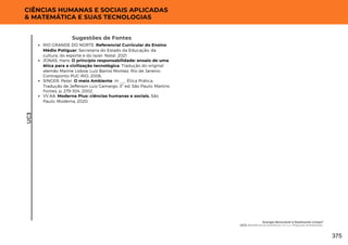 Sugestões de Fontes
RIO GRANDE DO NORTE. Referencial Curricular do Ensino
Médio Potiguar. Secretaria do Estado da Educação, da
cultura, do esporte e do lazer. Natal, 2021.
JONAS, Hans. O princípio responsabilidade: ensaio de uma
ética para a civilização tecnológica. Tradução do original
alemão Marine Lisboa, Luiz Barros Montez. Rio de Janeiro:
Contraponto PUC-RIO, 2006.
SINGER, Peter. O meio Ambiente. In: __. Ética Prática.
Tradução de Jefferson Luiz Camargo. 3º ed. São Paulo: Martins
Fontes, p. 279-304, 2002.
VV.AA. Moderna Plus: ciências humanas e sociais. São
Paulo: Moderna, 2020.
UC3
CIÊNCIAS HUMANAS E SOCIAIS APLICADAS
& MATEMÁTICA E SUAS TECNOLOGIAS
Energia Renovável é Realmente Limpa?
UC3: Benefícios Econômicos Versus Prejuízos Ambientais
375
 