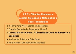 A Terra Para Viver, Comer e Empreender
Energia Renovável é Realmente Limpa?
Cartografia dos Corpos: A Diversidade Entre os Números e a
Sociedade
Vacinação: Ciência x Fake News
Multiformes: Um Mundo de Escolhas?
1.
2.
3.
4.
5.
4.2.3 - Ciências Humanas e
Sociais Aplicadas & Matemática e
Suas Tecnologias
381
 
