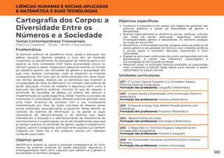 CIÊNCIAS HUMANAS E SOCIAIS APLICADAS
& MATEMÁTICA E SUAS TECNOLOGIAS
Conhecer a importância do acesso aos órgãos de garantias das
políticas públicas e saúde na diversidade de gênero e
sexualidade.
Analisar espacialmente as dinâmicas sociais, políticas, culturais
nas áreas da saúde, bem-estar, segurança, educação,
empregabilidade, gênero e sexualidade, no território potiguar
ao longo do século XXI.
Sensibilizar a comunidade escolar potiguar sobre as práticas de
saúde gênero e sexualidade de forma a criar cidadãos políticos
e sociais aptos a tomarem decisões conscientes e bem
informadas.
Mapear as principais instituições de cunho socioassistencial e de
atendimento a saúde nas diferentes mesorregiões e
microrregiões do Rio Grande do Norte.
Pesquisar quais os principais serviços prestados as populações
mais vulneráveis e tabular esses dados para estudos a serem
trabalhados no espaço escolar.
Unidades curriculares:
Cartografia dos Corpos: a
Diversidade Entre os
Números e a Sociedade
Temas Contemporâneos Transversais:
Política e Cidadania - Saúde - Gênero e Sexualidade
As políticas públicas de assistência social, saúde e educação nas
esferas nacional, regional, estadual e local têm se mostrado
incipientes no atendimento da população de maneira geral e em
especial as mais vulneráveis (com baixa escolaridade, pouco ou
nenhum acesso a saúde, insegurança, pequena inserção no mundo
do trabalho) quanto nas discussões de gênero e sexualidade, em
suas mais diversas concepções, onde se observam as mesmas
consequências. Por mais que se tenha avançado em várias áreas,
nas últimas décadas, diversos são os elementos que mostram a
complexidade de estas se efetivarem no cotidiano das práticas de
saúde, educação, mundo do trabalho e segurança, bem como a
execução das políticas públicas, inclusive no que diz respeito à
promoção da equidade de gênero na prática dos serviços e
implementação de ações especificas. Dessa maneira, o processo de
construção e consolidação dessas referidas politicas apontam para
uma maior dinâmica do processo com a sua consequente
materialização por meio de ações concretas de diversos atores
sociais envolvidos, principalmente os governos. Nesse sentido, se
tratando de sistemas de informação ou de gestão as quais
necessita-se de descentralização e de políticas que sejam
intersetoriais, a evolução e o aperfeiçoamento de mecanismos de
monitoramento e a participação social são fundamentais para que
se tenham avanços na dimensão de gênero, saúde e cidadania em
projetos, planos e programas, principalmente aqueles que venham
impactar em nosso dia a dia, podendo resultar em melhores
condições para todos.
Problemática:
Objetivo geral:
Objetivos específicos:
Identificar e analisar as causas e possíveis consequências do lento
avanço de politicas públicas de saúde, educação, segurança e
empregabilidade, bem como naquelas que referem-se a gênero e
sexualidade no território potiguar.
UC1 - O Curioso Caso do Esquadro e o Compasso: Espaço,
Politicas Públicas e População
Formação dos professores: Geografia e Matemática
UC2 - Corpos, Saúde e Diversidade: Uma Construção Histórico-
Matemática
Formação dos professores: História e Matemática
UC3 - Contando a Nossa Vida: Refletir Filosoficamente com
Estatísticas
Formação dos professores: Filosofia e Matemática
UC4 - Pertencimento do Corpo
Formação dos professores: Sociologia e Matemática
UC5 - O Mapa Não é o Território: Espaços Geopolíticos em
Propagandas Cartográficas
Formação dos professores: Filosofia e Geografia
UC6 - As Diversidades Humanas na Dinâmica Sócio-histórica
Brasileira
Formação dos professores: História e Sociologia
382
 