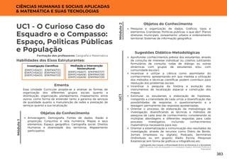 Módulo
1
Cartografia dos Corpos: a Diversidade Entre os Números e a Sociedade
UC1: O Curioso Caso do Esquadro e o Compasso: Espaço, Politicas Públicas e
População
UC1 - O Curioso Caso do
Esquadro e o Compasso:
Espaço, Politicas Públicas
e População
Formação dos professores: Geografia e Matemática
Essa Unidade Curricular propõe-se a analisar as formas de
organização dos diferentes grupos sociais quanto a
distribuição, organização, planejamento, mapeamento, entre
outros, como forma de entender tanto a garantia de serviços
de qualidade quanto a manutenção de redes e prestação de
serviços quanto a sua localização.
Ementa
Habilidades dos Eixos Estruturantes:
Investigação Científica:
(EMIFMAT01)
(EMIFMAT02)
(EMIFMAT03)
(EMIFCHSA01)
(EMIFCHSA02)
(EMIFCHSA03)
Módulo
2
Objetos do Conhecimento
Amostragem; Demografia; Fontes de dados; Razão e
proporção; Conjuntos e reta numérica; Mapas e seus
elementos; Espaço geográfico; Cartografia social; Direitos
Humanos e diversidade dos territórios; Mapeamento
participativo.
Mediação e Intervenção
Sociocultural:
(EMIFMAT07)
(EMIFMAT08)
(EMIFMAT09)
(EMIFCHSA07)
(EMIFCHSA08)
(EMIFCHSA09)
CIÊNCIAS HUMANAS E SOCIAIS APLICADAS
& MATEMÁTICA E SUAS TECNOLOGIAS
Objetos do Conhecimento
Pesquisa e organização de dados; Gráficos: tipos e
elementos; Grandezas; Politicas públicas, o que são?; Planos
diretores municipais: zoneamento urbano e ordenamento
territorial; Sistemas de informação geográfica.
UC1
Aprofundar conhecimentos prévios dos estudantes, através
de consulta de interesse individual ou coletivo (utilizando
formulários de consulta, rodas de diálogo ou outras
dinâmicas com grupos de estudantes e/ou com
comunidade escolar);
Incentivar e utilizar a ciência como assimilador do
conhecimento, apresentando em que medida a utilização
dos métodos e técnicas científicas podem contribuir para
resolução dos problemas sociais;
Incentivar a pesquisa da história e evolução dos
instrumentos de localização espacial e construção dos
mapas;
Estimular os estudantes a elaboração de hipóteses,
instigando a criatividade de cada um/a, a diversificação das
possibilidades de respostas, o questionamento e a
testagem permanente das respostas apresentadas;
Orientar o processo de elaboração da metodologia de
investigação, diversificando as técnicas e métodos de
pesquisa de cada área de conhecimento, considerando as
múltiplas abordagens e diferentes respostas para cada
processo investigativo, incluindo conhecimentos
matemáticos necessários para isso;
Orientar a sistematização e comunicação dos resultados da
investigação, através de recursos como Diário de Bordo,
Jornais (impressos ou digitais), Podcasts, Seminários
(individuais ou em grupos), Rádio Escola, Pesquisas
Estatísticas (em forma de gráficos e infográficos) etc;
Sugestões Didático-Metodológicas
383
 