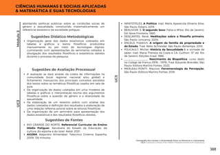 Módulo
2
CIÊNCIAS HUMANAS E SOCIAIS APLICADAS
& MATEMÁTICA E SUAS TECNOLOGIAS
Organização geral dos dados estatísticos coletados em
tabelas e gráficos e textos filosóficos, produzidos
manualmente ou por meio de tecnologias digitais,
culminando com apresentações de seminários voltados à
divulgação dos resultados filosóficos e estatísticos obtidos
durante o processo de pesquisa.
Sugestões Didático-Metodológicas
Sugestões de Fontes
RIO GRANDE DO NORTE. Referencial Curricular do Ensino
Médio Potiguar. Secretaria do Estado da Educação, da
cultura, do esporte e do lazer. Natal, 2021.
AGORA, Alejandro Almenábar. Telecinco Cinema, Espanha,
2009, 126 minutos.
A avaliação se dará através da coleta de informações na
comunidade (local, regional, nacional e/ou global) e
fichamento manuscrito dos principais conceitos extraídos
dos textos sobre as temáticas filosóficas usados em sala de
aula;
Da organização de dados coletados em uma modelos de
tabelas e gráficos e interpretação escrita dos argumentos
filosóficos sobre a questão de gênero e a diversidade da
sexualidade;
Da elaboração de um relatório prévio com análise dos
dados coletados e definição dos resultados e elaboração de
uma redação reflexiva autoral sobre as leituras filosóficas;
Da organização de um seminário para apresentação dos
dados estatísticos e dos resultados filosóficos obtidos.
Sugestões de Avaliação Processual
UC3
abordando políticas públicas sobre as condições socias de
gênero e sexualidade; construindo matematicamente um
referencial estatístico da sociedade potiguar.
UC3
ARISTÓTELES, A Política. trad. Maria Aparecida Oliveira Silva.
São Paulo: Edipro, 2019.
BEAUVOIR, S. O segundo Sexo: Fatos e Mitos. Rio de Janeiro:
Ed. Nova Fronteira, 1980.
DESCARTES, René. Meditações sobre a filosofia primeira.
São Paulo: Unicamp. 2004.
ENGELS, Friedrich. A origem da família da propriedade e
do Estado. Trad. Nélio Schneider. São Paulo: Boitempo, 2016.
FOUCAULT, Michel. História da Sexualidade I: a vontade de
saber. trad. Maria Thereza da Costa e J.A. Guilhon. 13ª ed. Rio
de Janeiro, Edições Graal, 1988.
________________. Nascimento da Biopolítica: curso dado
no Colége de France (1976 – 1979). Trad. Eduardo Brandão. São
Paulo: Editora Martins Fontes, 2022.
MERLEAU-PONTY, Maurice. Fenomenologia da Percepção.
São Paulo: Editora Martins Fontes, 2018.
Cartografia dos Corpos: a Diversidade Entre os Números e a Sociedade
UC3: Contando a Nossa Vida: Refletir Filosoficamente com Estatísticas
388
 
