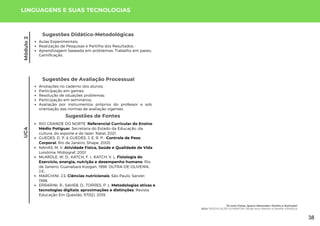 Módulo
2
Sugestões de Fontes
RIO GRANDE DO NORTE. Referencial Curricular do Ensino
Médio Potiguar. Secretaria do Estado da Educação, da
cultura, do esporte e do lazer. Natal, 2021.
GUEDES, D. P. & GUEDES, J. E. R. P.- Controle de Peso
Corporal. Rio de Janeiro, Shape, 2003.
NAHAS, M. V. Atividade Física, Saúde e Qualidade de Vida.
Londrina, Midiograf, 2001.
McARDLE, W. D., KATCH, F. I., KATCH, V. L. Fisiologia do
Exercício, energia, nutrição e desempenho humano. Rio
de Janeiro, Guanabara Koogan, 1998. DUTRA-DE-OLIVEIRA,
J.E.,
MARCHINI, J.S. Ciências nutricionais. São Paulo, Sarvier,
1998.
ERRARINI, R.; SAHEB, D.; TORRES, P. L. Metodologias ativas e
tecnologias digitais: aproximações e distinções. Revista
Educação Em Questão, 57(52). 2019.
LINGUAGENS E SUAS TECNOLOGIAS
UC4
Sugestões de Avaliação Processual
Anotações no caderno dos alunos;
Participação em games;
Resolução de situações problemas;
Participação em seminários;
Avaliação por instrumentos próprios do professor e sob
orientação das normas de avaliação vigentes.
Sugestões Didático-Metodológicas
Aulas Experimentais;
Realização de Pesquisas e Partilha dos Resultados; -
Aprendizagem baseada em problemas; Trabalho em pares;;
Gamificação.
Tô com Fome, Quero Merendar: Direito e Nutrição!
UC4: REEDUCAÇÃO ALIMENTAR: Mude seus Hábitos e Desafie a Balança
38
 