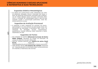 Sugestões de Fontes
RIO GRANDE DO NORTE. Referencial Curricular do Ensino
Médio Potiguar. Secretaria do Estado da Educação, da
cultura, do esporte e do lazer. Natal, 2021.
SANTOS, Vanessa Sardinha dos. História da vacina. Brasil
Escola. Disponível em:
https://brasilescola.uol.com.br/biologia/ a-historia-vacina.htm.
VEJA SAÚDE, Revista. Os números não mentem. Disponível
em: https://saude.abril.com.br/medicina/os-numerosnaoment
em-entenda-a-matematica-das-vacinas/.
UC1
CIÊNCIAS HUMANAS E SOCIAIS APLICADAS
& MATEMÁTICA E SUAS TECNOLOGIAS
A avaliação é parte integrante do processo de ensino-
aprendizagem e se dará através da participação direta dos
estudantes nas discussões e seminários, bem como, na
realização de atividades escritas, interpretativas,
questionários, análises reflexivas, todos referentes a textos
trabalhados em sala.
Sugestões de Avaliação Processual
Os objetos de conhecimento serão trabalhados por meio
da exposição dialogada, leitura e discussão dos textos, a
partir de pesquisas previamente orientadas pelo professor,
uso de mídias, debates, testes simulados, seminários. Bem
como, a utilização de metodologias ativas e sala de aula
invertida; criação e comunicação publicitária; clube dos
direitos políticos e sociais.
Sugestões Didático-Metodológicas
Vacinação: Ciência x Fake News
UC1: Evolução Histórica das Vacinas
398
 