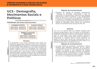 Módulo
1
Vacinação: Ciência x Fake News
UC3: Demografia, Movimentos Sociais e Políticos
UC3 - Demografia,
Movimentos Sociais e
Políticos
Formação dos professores: Sociologia e Matemática
A demografia é uma ciência responsável pelo estudo das
dinâmicas populacionais humanas e faz uso de conceitos e
análises estatísticas que ajudam no entendimento da evolução
da humanidade. Nessa perspectiva, esse módulo propõem-se
estudos analíticos acerca da demografia dos movimentos
sociais e políticos, bem como a importância da compreesão
dos conceitos pró e anti vacinas e quais as representações
estatísticas desses conceitos, levando-se em consideração que
tais movimentos representam as ações coletivas de esferas da
sociedade ou de organizações sociais na defesa e/ou promoção
dos interesses individuais e coletivos.
Ementa
Habilidades dos Eixos Estruturantes:
Módulo
1
Objetos do Conhecimento
Estatística da variação de grandezas populacionais;
Avaliação da velocidade, concentração e taxas de
crescimento ou decrescimento; Mecanismos de pesquisas
populacionais; Índices econômicos e seus demarcadores
sociais. As dinâmicas sociais da humanidade; Entendendo
o conceito e a importância demográfica dos movimentos
sociais e políticos; Características dos movimentos sociais: a
questão da identidade; Breve história dos movimentos
sociais: os movimentos sociais nos séculos XIX e XX.
CIÊNCIAS HUMANAS E SOCIAIS APLICADAS
& MATEMÁTICA E SUAS TECNOLOGIAS
Investigação Científica:
(EMIFMAT01)
(EMIFMAT02)
(EMIFMAT03)
(EMIFCHSA01)
(EMIFCHSA02)
(EMIFCHSA03)
Processos Criativos:
(EMIFMAT04)
(EMIFMAT05)
(EMIFMAT06)
(EMIFCHSA04)
(EMIFCHSA05)
(EMIFCHSA06)
Mediação e Intervenção
Sociocultural:
(EMIFMAT07)
(EMIFMAT08)
(EMIFMAT09)
(EMIFCHSA07)
(EMIFCHSA08)
(EMIFCHSA09)
Fake News ou notícias falsas são métodos utilizados pela
imprensa sensacionalista e que se constitui na distribuição e
propagação deliberada de boatos e desinformação através de
meios de comunicação como jornais impressos, televisivos,
rádio, ou ainda, mídias sociais. Nesse módulo, propõe-se a
compreender os impactos dessas notícias inverídicas em
relação ao baixo índice vacinal que recentemente vem se
mostrando preocupante nas questões de saúde pública e as
possíveis soluções para se combater esse mal.
Ementa
Objetos do Conhecimento
Conceitos estatísticos: população e amostragem; Gráficos
utilizados pela estatística: elementos de um gráfico;
Confiabilidade de fontes de dados (amostras significativas);
Correção no traçado e uso adequado de gráficos
estatísticos; Medidas de tendência central e de dispersão.
Movimentos sociais contemporâneos no Brasil; Vacinação
no contexto dos movimentos sociais e políticos; Conceito
de Fake News; Os impactos das notícias falsas.
Módulo
1
401
 
