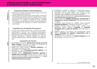 Módulo
2
Sugestões de Avaliação Processual
O aluno será avaliado durante todo o processo de ensino-
aprendizagem, focando nas múltiplas aprendizagens
levando em consideração o perfil e realidade do indivíduo;
Apresentação dos resultados das pesquisas em feiras de
ciências; Seminários e debates. Diálogo em roda de
conversa sobre possíveis causas de doenças e qualidade de
vida.
UC4
UC4
CIÊNCIAS DA NATUREZA E SUAS TECNOLOGIAS
& MATEMÁTICA E SUAS TECNOLOGIAS
Sugestões de Fontes
RIO GRANDE DO NORTE. Referencial Curricular do Ensino
Médio Potiguar. Secretaria do Estado da Educação, da
cultura, do esporte e do lazer. Natal, 2021.
BAIRD, Colin; CANN, Michael C. Química ambiental. 4. ed.
Porto Alegre, RS: Bookman, 2011.
BARBOSA, L. C. de A. Introdução à química orgânica. 2. ed.
São Paulo: Pearson Prentice Hall, 2011.
CHASSOT, Attico. Alfabetização Científica: questões e
desafios para a educação. 8 ed.ed. Ijuí: [s. n.], 2018. 4. Como
calcular e montar a tabela nutricinal. Disponível em: https://
www.promtec.com.br/como-calcular-e-montar-a-
tabelanutricional-de-um-produto
Elaborar uma tabela nutricional sobre o que é consumido
na merenda do lanche semanal;
Utilizar aplicativos de saúde para inserir dados nutricionais
dos alimentos produzidos na escola, identificando os macro
e micronutrientes consumidos e suas relações com a saúde;
Desenvolver um paralelo correlacional entre questões
evolutivas do comportamento humano, peças publicitárias
e a prevalência de distúrbios de saúde relacionados à
alimentação.
Sugestões Didático-Metodológicas FERRARINI, R.; SAHEB, D.; TORRES, P. L. Metodologias ativas e
tecnologias digitais: aproximações e distinções. Revista
Educação Em Questão, 57(52). 2019. Disponível em:
https://doi.org/10.21680/1981-1802.2019v57n52ID15762
Fisiologia humana. Disponível em: https://uab.ufsc.br/biologia
/files/2020/08/Fisiologia-Humana.pdf
LEAL, Murilo Cruz. Didática da Química Fundamentos e
práticas para o Ensino de Química. 1aed. Belo Horizonte: [s.
n.], 2009.
LOUREIRO, Carlos Frederico B.; TORRES, Juliana Rezende.
Educação Ambiental. 1a Ediçãoed. São Paulo: [s. n.], 2014.
MAZZÉ, Fernanda Marur; SILVA, Márcia Gorette Lima;
BARROSO, Marcia Teixeira. Propostas e materiais
inovadores para o ensino de Química. 1aed. São Paulo: [s.
n.], 2017.
SANTOS, Wildson Luiz Pereira dos; SCHNETZLER, Roseli
Paheco. Educação em Química: compromisso com a
cidadania. 4aed. Ijuí: [s. n.], 2010.
SOLOMONS, T. W. G.; FRYHLE, C. B. Química Orgânica. 10ª ed.
Rio de Janeiro: LTC, 2012. Vol. 1 e 2.
Lixo: do Problema à Solução
UC4: A Composição dos Alimentos, Seu Valor Energéticos e a Manutenção da Vida
427
 