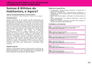 CIÊNCIAS DA NATUREZA E SUAS TECNOLOGIAS
& MATEMÁTICA E SUAS TECNOLOGIAS
Unidades curriculares:
Somos 8 Bilhões de
Habitantes, e Agora?
Temas Contemporâneos Transversais:
Política e Cidadania - Meio Ambiente - Ciência e Tecnologia
Segundo estimativas de um relatório da ONU (Organização das
Nações Unidas), a população mundial chegou a marca de 8 bilhões
de habitantes em novembro de 2022. Com este número, várias
questões são levantadas como, por exemplo: os recursos naturais
serão suficientes? Quais as fontes de energia iremos utilizar? O que
fazer com o aumento da quantidade de lixo?. Todas essas questões
acabam girando em torno de uma problemática central: Como
esse aumento populacional pode impactar os ecossistemas?
Portanto, é importante que todos nós tenhamos
comprometimento com as questões ambientais, pois quando
falamos de recursos naturais, existe uma preocupação para
gerações futuras. Sendo assim, a sociedade como um todo tem o
dever de compreender, construir e socializar mecanismos que
promovam o desenvolvimento de ações que contribuíam para o
fortalecimento das políticas públicas voltadas para dinâmica
ambiental e social. Diante desses desafios, como as áreas de
Ciências da Natureza e Matemática e suas Tecnologias podem
contribuir para ações que conscientize e minimizem esses
impactos?
Problemática:
Objetivo geral:
Objetivos específicos:
Difundir na comunidade escolar os conhecimentos de Ciências da
Natureza, Matemática e suas Tecnologias para a construção de
ações sociais para o uso dos recursos naturais e tecnológicos de
forma sustentável em escala local, regional e global.
Compreender a cadeia produtiva alimentar e a relação com o
uso dos recursos naturais;
Relacionar a energia com o desenvolvimento econômico e a
qualidade de vida e explicar quais as fontes apropriadas ao
estado do RN;
Propor ações de reciclagem, reutilização e condicionamento do
lixo;
Intervir positivamente nos impactos ambientais e sociais da
produção de energia;
Mitigar os impactos ambientais causados pela produção e
descarte das ferramentas tecnológicas;
UC1 - A “FISTEMÁTICA” na Produção das Energias do RN.
Formação dos professores: Física e Matemática
UC2 - Fósseis: Pra Quê Te Quero?
Formação dos professores: Química e Matemática
UC3 - Os Números Por Trás da Produção de Alimentos
Formação dos professores: Biologia e Matemática
UC4 - Mais Gente, Mais Lixo
Formação dos professores: Biologia e Química
UC5 - TEC no Lixo
Formação dos professores: Química e Física
UC6 - #MudarParaImpactar
Formação dos professores: Biologia e Física
433
 