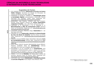 UC2
Sugestões de Fontes
RIO GRANDE DO NORTE. Referencial Curricular do Ensino
Médio Potiguar. Secretaria do Estado da Educação, da
cultura, do esporte e do lazer. Natal, 2021.
FERRARINI, R.; SAHEB, D.; TORRES, P. L. Metodologias ativas
e tecnologias digitais: aproximações e distinções. Revista
Educação Em Questão, 57(52). 2019. Disponível em:
https://doi.org/10.21680/1981-1802.2019v57n52ID15762
BONJORNO, José Roberto. JÚNIOR, José Ruy Giovanni.
SOUSA, Paulo Roberto Câmara de. Prisma Matemática:
conjuntos e funções. -1 ed. – São Paulo: editora FTD, 2020.
CARDOSO, A. A.; MACHADO, C. M. D.; PEREIRA, E. A.
Biocombustível, o Mito do Combustível Limpo. Química
Nova na Escola,2008. Disponível em: http://qnesc.sbq.org.br
/online/qnesc28/03-QS-3207.pdf
CHAVANTE, Eduardo; PRESTES, Diego. Matemática 1. 1. ed.
São Paulo: SM, 2016.
DAZZANI, M.; Et al. Explorando a Química na Determinação
do Teor de Álcool na Gasolina. Química Nova na Escola,
2003. Disponível em: http://qnesc.sbq.org.br/online/qnesc17
/a11.pdf
FREITAS, Lima de; MORIN, Edgar; NICOLESCU, Barsarab; Carta
da Transdiciplinaridade. Cetrans, 1994. Disponível em: http:
//cetrans.com.br/assets/docs/CARTADATRANSDISCIPLINARID
ADE1.pdf
IEZZI, Gelson; DOLCE, Osvaldo; DEGENSZAJN, David; PÉRIGO,
Roberto; ALMEIDA, Nilze de. MATEMÁTICA: ciências
aplicadas. Vol. Único, ed. 6. Saraiva. São Paulo, 2010.
KIOURANIS, N. M. M.; SILVEIRA, M. P. Combustíveis: uma
abordagem problematizadora para o ensino de química.
Química Nova na Escola. V. 39, nº 1, 2017. Disponível em:
http://qnesc.sbq.org.br/online/qnesc39_1/11-RSA-55-15.pdf
MARIA, L. C. S.; et al. Petróleo: Um tema para o ensino de
química. Química Nova na Escola, 2002. Disponível em:
http://qnesc.sbq.org.br/online/qnesc15/v15a04.pdf
SANTOMÉ, Jurjo Torres. Globalização e interdisplinaridade:
o currículo integrado. Porto Alegre. Artes Médicas, 1998.
CIÊNCIAS DA NATUREZA E SUAS TECNOLOGIAS
& MATEMÁTICA E SUAS TECNOLOGIAS
Somos 8 Bilhões de Habitantes, e Agora?
UC2: Fósseis: Para Quê Te Quero?
438
 
