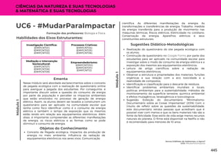 Módulo
1
Somos 8 Bilhões de Habitantes, e Agora?
UC6: #MudarParaImpactar
Módulo
1
UC6 - #MudarParaImpactar
Formação dos professores: Biologia e Física
Nesse módulo será abordado esclarecimentos sobre o conceito
de pegada ecológica com a realização de questionário online
para averiguar a pegada dos estudantes. Por conseguinte, é
importante discutir sobre a questão do consumo de erergia
por parte da população e perceber os impactos ambientais
que estão envolvidos no processo de geração de energia
elétrica. Assim, os alunos devem ser levados a construírem um
questionário para ser aplicado na comunidade escolar que
tenha como foco identificar como é o consumo de energia
elétrica e também o tempo de exposição que os mesmos
estão tendo em relação aos equipamentos eletrônicos. Além
disso, é importante compreender as diferentes manifestações
de energia, os riscos elétricos e as formas como se pode
diiminuir o consumo de energia.
Ementa
Realização do questionário do site pegada ecológica com
os alunos;
Construção de questionário no Google Forms por parte dos
estudantes para ser aplicado na comunidade escolar para
investigar sobre o modo de consumo de energia elétrica e a
exposição dos mesmos aos equipamentos eletrônicos;
Leitura de artigo científicos sobre a radiação de
equipamentos eletrônicos;
Observar a estrutura e propriedades dos materiais; funções
orgânicas e sua relação com a eco toxicidade e a
reatividade de compostos;
Identificação e classificação para o descarte de resíduos.
Identificar problemas ambientais mundiais e locais;
políticas ambientais para a sustentabilidade; métodos de
monitoramento da superfície terrestre; química ambiental
e efeitos mutagênicos, teratogênicos e toxicológicos
Sugestão: Exibição do documentário "Minimalismo:
Documentário sobre as Coisas Importantes" (2016) Com o
intuito de refletir sobre as questões da sustentabilidade,
este documentário retrata pessoas que acreditam que é
possível viver com menos e que os bens materiais não são a
fonte da felicidade. Esse estilo de vida exige menos recursos
naturais do planeta. O filme está disponível na Netflix e não
é recomendado para menores de 10 anos.
Sugestões Didático-Metodológicas
Habilidades dos Eixos Estruturantes:
CIÊNCIAS DA NATUREZA E SUAS TECNOLOGIAS
& MATEMÁTICA E SUAS TECNOLOGIAS
Investigação Científica:
(EMIFCNT01)
(EMIFCNT02)
(EMIFCNT03)
Processos Criativos:
(EMIFCNT04)
(EMIFCNT05)
(EMIFCNT06)
Mediação e Intervenção
Sociocultural:
(EMIFCNT07)
(EMIFCNT08)
(EMIFCNT09)
Empreendedorismo:
(EMIFCNT010)
(EMIFCNT011)
(EMIFCNT12)
Objetos do Conhecimento
Conceito de Pegada ecológica. Impactos da produção de
energia no meio ambiente. Influência da radiação de
equipamentos eletrônicos nos seres vivos. Comunicação
científica. As diferentes manifestações da energia; As
transformações e transferências de energia; Trabalho: medida
da energia transferida para a produção de movimento nas
máquinas térmicas; Riscos elétricos, Eletricidade no cotidiano,
Conservação da energia; Aparelhos elétricos e seus
constituintes estruturais.
445
 