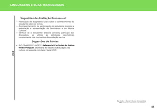 Sugestões de Fontes
RIO GRANDE DO NORTE. Referencial Curricular do Ensino
Médio Potiguar. Secretaria do Estado da Educação, da
cultura, do esporte e do lazer. Natal, 2021.
LINGUAGENS E SUAS TECNOLOGIAS
UC2
Sugestões de Avaliação Processual
Realização de diagnóstico para saber o conhecimento do
estudante sobre os temas;
Acompanhamento da participação do estudante durante a
elaboração e apresentação de Seminários e da Mostra
Cultural;
Verificar se o estudante: elabora cartazes, participa das
discussões, se utiliza as estruturas gramaticais
corretamente nos momentos de produção escrita.
Eu, Você e o Outro: O Jovem Democrático
UC2: How Do I Deal With The Different?
48
 
