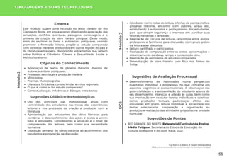 Módulo
2
Módulo
2
Este módulo sugere uma incursão no texto literário do Rio
Grande do Norte, em prosa e verso, objetivando apreciação das
sensações, conflitos, aventuras, paisagens, personagens e o
universo de criação da obra literária potiguar. Desse modo,
além de explorar os livros e autores(as) potiguares, visando
promover a formação leitora, propõe-se estudo comparado
com os textos literários produzidos em outras regiões do pais e
da literatura estrangeira, discorrendo sobre temas que versem
sobre Política e Cidadania, Gênero e Sexualidade, Saúde e
Multiculturalismo.
Ementa
Sugestões Didático-Metodológicas
Uso dos princípios das metodologias ativas com
centralidade dos estudantes nas trocas das experiências
leitoras e nos processos de criação e produção com a
literatura;
Apresentação aos estudantes das obras literárias para
combinar o desenvolvimento das ações e textos a serem
lidos e estudados, considerando a situação e o nível de
compreensão dos leitores, bem como sua necessidade
formativa;
Exposição semanal de obras literárias ao acolhimento dos
estudantes e proposição de discussão;
LINGUAGENS E SUAS TECNOLOGIAS
Objetos do Conhecimento
Apreciação de textos de gêneros literários diversos de
autoras e autores potiguares;
Processos de criação e produção literária;
Minicontos;
Poemas; (Auto)biografia;
Literatura fantástica: contos, lendas e mitos regionais;
O que é, como se faz estudo comparado?
Contextualização, influências e diálogos entre textos.
Atividades como rodas de leitura, oficinas de escrita criativa,
gincanas literárias, encontro com autores, saraus etc.,
estimulando à autonomia e protagonismo dos estudantes,
para que sintam segurança e interesse em partilhar suas
leituras, narrativas e reflexões;
Realização de círculos de leitura - encontros entre alunos,
professores e familiares para discussão, com prazo prévio
da leitura a ser discutida;
Leitura partilhada e participativa;
Realização de comparação entre os textos, aproximações e
distanciamento de ideias, tempo e contexto da obra;
Realização de seminários de estudos comparados.
Dramatização de obra literária com foco nos Temas da
Trilha.
UC6
Sugestões de Avaliação Processual
Desenvolvimento de habilidades numa perspectiva
qualitativa individual e progressiva, no que concerne aos
aspectos cognitivos e socioemocionais. A observação das
potencialidades e a autoavaliação do estudante acerca de
seu desempenho, interação e adesão às aulas, bem como
sua motivação em executar tarefas individuais e coletivas,
como: produções textuais, participação efetiva das
discussões em grupo, leitura individual e socializada dos
textos selecionados, cooperação e organização na
produção e realização das atividades propostas na unidade
curricular.
Sugestões de Fontes
RIO GRANDE DO NORTE. Referencial Curricular do Ensino
Médio Potiguar. Secretaria do Estado da Educação, da
cultura, do esporte e do lazer. Natal, 2021.
Eu, Você e o Outro: O Jovem Democrático
UC6: Literacias Estudantis: Uma Incursão na Literatura Potiguar
56
 