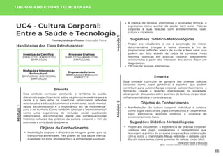 Módulo
1
Integrando Saúde e Educação
UC4: Cultura Corporal: Entre a Saúde e Tecnologia
Módulo
1
UC4 - Cultura Corporal:
Entre a Saúde e Tecnologia
Formação do professor: Educação Física
Essa unidade curricular aprofunda a temática da saúde,
discutindo especificamente sobre os pilares necessários para a
saúde e o bem estar na juventude, estimulando reflexões
relacionadas à educação alimentar e nutricional, saúde mental,
saúde socioemocional e a importância do "se movimentar"
para o ser humano. Como também, valorizar o "se movimentar"
como uma experiência de inclusão social, quebrando
preconceitos, discriminações diante das contextualizações
histórico-culturais das práticas da cultura corporal a fim de
promover a criticidade dos jovens.
Ementa
Sugestões Didático-Metodológicas
Propor aos estudantes: o uso e apreciação de vídeos,
documentários, charges e textos diversos a fim de
proporcionar reflexões acerca da saúde e bem estar, que
podem ser feito através de rodas de conversa, mesa
redonda; vivências em práticas corporais previamente
selecionadas a partir dos interesses dos alunos (fazer um
diagnóstico);
Oficinas de terapias alternativas.
LINGUAGENS E SUAS TECNOLOGIAS
Habilidades dos Eixos Estruturantes:
Investigação Científica:
(EMIFLGG01); (EMIFLGG02);
(EMIFLGG03).
Processos Criativos:
(EMIFLGG04); (EMIFLGG05);
(EMIFLGG06).
Mediação e Intervenção
Sociocultural:
(EMIFLGG08); (EMIFLGG08);
(EMIFLGG09).
Empreendedorismo:
(EMIFLGG10); (EMIFLGG11);
(EMIFLGG12).
Objetos do Conhecimento
Insatisfação corporal e distúrbio de imagem: portas para os
transtornos alimentares; Três pilares da boa saúde mental:
qualidade do sono, atividade física e alimentação saudável;
Módulo
2
Essa unidade curricular se apropria das diversas práticas
corporais como, jogos, ginásticas e esportes, que podem
contribuir para autoconfiança corporal, autoconhecimento, a
formação cidadã e relações interpessoais na sociedade,
abrangendo discussões sobre padrões de beleza, corpo ideal,
influência midiática e controle social.
Ementa
Objetos do Conhecimento
Manifestações da cultura corporal, individual e coletiva,
como: jogos tradicionais, jogos competitivos e cooperativos,
jogos eletrônicos, esportes coletivos e ginástica de
condicionamento físico.
A prática de terapias alternativas e atividades rítmicas e
expressivas como auxiliar da saúde, bem estar; Práticas
corporais e suas relações com entretenimento, lazer,
cultura e cidadania.
Sugestões Didático-Metodológicas
Propor aos estudantes: a experiência de práticas corporais
coletivas dos jogos cooperativos e competitivos que
favoreçam a prática da empatia, cooperação e colaboração
com o outro, a criatividade; Mesas redondas e debates para
discutir sobre temas, como: padrões de beleza, corpo ideal,
66
 