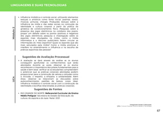 Módulo
2
Sugestões de Fontes
RIO GRANDE DO NORTE. Referencial Curricular do Ensino
Médio Potiguar. Secretaria do Estado da Educação, da
cultura, do esporte e do lazer. Natal, 2021.
LINGUAGENS E SUAS TECNOLOGIAS
Influência midiática e controle social, utilizando elementos
textuais e artísticos como fonte inicial: poemas, textos,
músicas, pinturas, charges; Produções textuais sobre a
influência da mídia e das redes sociais na contrução da
identidade e cultura corporal a partir da prática da
ginástica de condicionamento físico; Pesquisas sobre a
presença dos jogos eletrônicos no cotidiano dos jovens,
propor um debate sobre os pontos positivos e negativos
dos jogos eletrônicos; pesquisa e investigação sobre os
esportes mais divulgados na mídia: como a mídia
informativa e o discurso publicitário fazem circular as
informações do meio esportivo? Quais os esportes que são
mais veiculados pela mídia? Como a mídia promove e
interfere no entendimento e influência e na escolha de
práticas esportivas das pessoas?
Sugestões de Avaliação Processual
A avaliação se dará através da análise se os alunos
conseguem aprofundar os conhecimentos que serão
abordados durante as aulas; observar se os alunos
reconhecem a importância dos pilares fundamentais para a
saúde e bem estar, verificar se os estudantes compreendem
o potencial que as práticas corporais abordadas podem
proporcionar para a construção de valores e atitudes como
a inclusão, o respeito, a empatia, a solidariedade. Além
disso, observar se relacionam as discussões sobre
autoconhecimento, padrões de beleza, corpo ideal,
influência midiática e controle social com a construção da
identidade e escolhas relacionadas as práticas corporais.
UC4
Integrando Saúde e Educação
UC4: Cultura Corporal: Entre a Saúde e Tecnologia
67
 