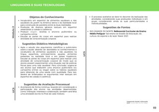 Módulo
2
UC5
Sugestões de Fontes
RIO GRANDE DO NORTE. Referencial Curricular do Ensino
Médio Potiguar. Secretaria do Estado da Educação, da
cultura, do esporte e do lazer. Natal, 2021.
LINGUAGENS E SUAS TECNOLOGIAS
Após o estudo dos argumentos científicos e publicitário
sobre a saúde, deverão ser abordados os conhecimentos e
vocabulário de alimentos saudáveis e não saudáveis na
língua espanhola, principalmente aqueles alimentos
presentes na realidade local e em países hispânicos.
Estudar as partes do corpo em espanhol para realizar uma
atividade de conscientização corporal de modo que os
alunos possam experimentar uma situação real de práticas
físicas para uma vida saudável. Para conclusão, sugere-se
aos alunos que elaborem uma anúncio publicitário (ou
campanha online) ou slogan sobre os hábitos saudáveis
para obtenção de uma saúde com qualidade. Para isso,
deverá ser enfatizados os argumentos inter textuais em
espanhol de coesão e coerência.
Sugestões de Avaliação Processual
Acontecerá de forma contínua, levando em consideração a
participação dos alunos nas atividades desenvolvidas,
como: interação, interesse e colaboração, também será feita
uma atividade escrita no final de cada módulo;
UC5
Objetos do Conhecimento
Vocabulário em espanhol de alimentos saudáveis e não
saudáveis do jovem na América latina e da realidade local
para construção de paralelos entre as duas realidades;
Produção de diversos gêneros textuais em espanhol
observando a coesão e coerência;
Produzir slogan, receitas e anúncio publicitário ou
campanha online;
Estudar as partes do corpo em espanhol para realizar
atividade de conscientização corporal.
Sugestões Didático-Metodológicas
O processo avaliativo se dará no decorrer da realização das
atividades, considerando suas produções individuais e em
grupo considerando ainda as suas particularidades e
individualidades.
Integrando Saúde e Educação
UC5: Comer Bien és Vivir Mejor
69
 