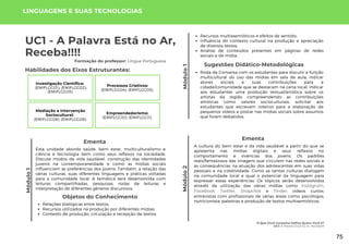 Módulo
1
O Que Você Consome Define Quem Você é?
UC1: A Palavra Está no Ar, Receba!!!!
Módulo
1
UC1 - A Palavra Está no Ar,
Receba!!!!
Formação do professor: Língua Portuguesa
Esta unidade aborda saúde, bem estar, multiculturalismo e
ciência e tecnologia bem como seus reflexos na sociedade.
Discute modos de vida saudável, construção das identidades
juvenis na contemporaneidade e como as mídias sociais
influenciam as preferências dos jovens. Também, a relação das
várias culturas, suas diferentes linguagens e práticas voltadas
para a comunidade local. A temática será desenvolvida com
leituras compartilhadas, pesquisas, rodas de leituras e
interpretação de diferentes gêneros discursivos.
Ementa
Recursos multissemióticos e efeitos de sentido;
Influência do contexto cultural na produção e apreciação
de diversos textos;
Análise de conteúdos presentes em páginas de redes
sociais e de mídia.
Sugestões Didático-Metodológicas
Roda de Conversa com os estudantes para discutir a função
multicultural do uso das mídias em sala de aula; indicar
atores sociais e suas contribuições para a
cidade/comunidade que se destacam na cena local; indicar
aos estudantes uma produção textual/artística sobre os
artistas da região compreendendo as contribuições
artísticas como valores socioculturais; solicitar aos
estudantes que escrevam roteiros para a elaboração de
pequenos vídeos e postar nas mídias sociais sobre assuntos
que foram debatidos.
LINGUAGENS E SUAS TECNOLOGIAS
Habilidades dos Eixos Estruturantes:
Investigação Científica:
(EMIFLGG01); (EMIFLGG02);
(EMIFLGG03).
Processos Criativos:
(EMIFLGG04); (EMIFLGG05).
Mediação e Intervenção
Sociocultural:
(EMIFLGG08); (EMIFLGG08).
Empreendedorismo:
(EMIFLGG10); (EMIFLGG11).
Objetos do Conhecimento
Relações dialógicas entre textos;
Recursos utilizados na produção por diferentes mídias;
Contexto de produção, circulação e recepção de textos;
Módulo
2
A cultura do bem estar e da vida saudável a partir do que se
apresenta nas mídias digitais e seus reflexos no
comportamento e vivências dos jovens. Os padrões
reais/fantasiosos das imagens que circulam nas redes sociais e
as consequências na atuação dos adolescentes em suas vidas
pessoais e na coletividade. Como as tantas culturas dialogam
na comunidade local e qual o potencial da linguagem para
expressar essas experiências. Os tópicos serão desenvolvidos
através da utilização das várias mídias como Instagram,
Facebook, Twitter, Snapchat e Tinder; vídeos curtos;
entrevistas com profissionais de várias áreas como psicólogos,
nutricionista; palestras e produção de textos multisemióticos.
Ementa
75
 