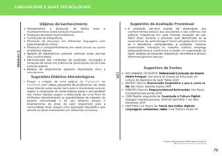 Módulo
2
UC1
Objetos do Conhecimento
Planejamento e produção de textos orais e
multissemióticos sobre variação linguística;
Produção de textos multimidiáticos;
Construção de infográficos;
Produção de discursos em diferentes linguagens com
posicionamento crítico;
Produção e compartilhamento em redes sociais ou outros
ambientes digitais;
Relatos de experiências culturais coletivas (orais, escritas
e/ou multimodais);
Reconstrução das condições de produção, circulação e
recepção de textos em práticas de participação social e das
culturas juvenis;
Relatos de experiências pessoais; diversidade ética e
antirracismo.
Sugestões de Fontes
RIO GRANDE DO NORTE. Referencial Curricular do Ensino
Médio Potiguar. Secretaria do Estado da Educação, da
cultura, do esporte e do lazer. Natal, 2021.
BAGNO, Marcos. Preconceito Lingüístico: o que é, como se
faz. São Paulo: edições Loyola, 1999.
RIBEIRO, Djamila. Pequeno Manual Antirracista. São Paulo:
Companhia das Letras, 2019.
LIMA, Nádia Languárdia de. Juventude e Cultura Digital:
Diálogos Interdisciplinares. ARTESÃ EDITORA; 1ª ed. Belo
Horizonte, 2017;
MARTINO, Luís Mauro Sá. Teoria das mídias digitais:
Linguagens, ambientes, redes. 2°ed. Editora Vozes, RJ.
LINGUAGENS E SUAS TECNOLOGIAS
Propor a criação de uma página no Instagram ou
Facebook com vídeos pequenos de profissionais de várias
áreas falando sobre saúde, bem estar e diversidade cultural;
sugerir a construção de cenas teatrais sobre o uso saudável
das mídias digitais; sugerir a elaboração de uma Feira de
Profissões demonstrando as possibilidades de trabalho da
própria comunidade e do seu entorno; propor o
levantamento de áreas de lazer disponíveis para a
comunidade local; propor uma exposição fotográfica que
aborde as várias diversidades em diferentes contextos.
Sugestões Didático-Metodológicas
Sugestões de Avaliação Processual
A avaliação dar-se-á através da observação dos
conhecimentos prévios dos estudantes e das vivências nas
práticas linguísticas em suas diversas situações de uso.
Além disso, durante o processo será identificado se as
expectativas de aprendizagem foram atingidas bem como
se o estudante: compreendeu a proposta; mostrou
proatividade; interação no trabalho coletivo; emprega
adequadamente a coerência e a coesão na organização do
texto; respeita as variações linguísticas; reconhece e produz
diferentes gêneros textuais.
O que Você Consome Define Quem Você é?
UC1: A Palavra Está no Ar, Receba!!!!
76
 