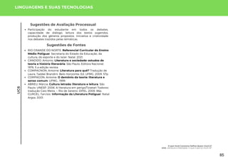 Sugestões de Fontes
RIO GRANDE DO NORTE. Referencial Curricular do Ensino
Médio Potiguar. Secretaria do Estado da Educação, da
cultura, do esporte e do lazer. Natal, 2021.
CANDIDO, Antonio. Literatura e sociedade: estudos de
teoria e história literarária. São Paulo: Editora Nacional,
1976, 5 a edição revista.
COMPAGNON, Antoine. Literatura para quê? Tradução de
Laura. Taddei Brandini. Belo Horizonte: Ed. UFMG, 2009. 57p.
COMPAGON, Antoine. O demônio da teoria: literatura e
senso comum. UFMG,. 1999.
ABREU, Márcia. Cultura letrada: literatura e leitura. São
Paulo: UNESP, 2006. A literatura em perigo/Tzvetan Todorov;
tradução Caio Meira. –. Rio de Janeiro: DIFEL, 2009. 96p.
GURGEL, Tarcísio. Informação da Literatura Potiguar. Natal:
Argos, 2001.
LINGUAGENS E SUAS TECNOLOGIAS
Sugestões de Avaliação Processual
Participação do estudante em todos os debates,
capacidade de diálogo, leitura dos textos sugeridos,
produção dos gêneros propostos, iniciativa e criatividade
nos debates trazidos pelas temáticas.
UC6
O que Você Consome Define Quem Você é?
UC6: Literatura e Realidade: O que é que Só Você Vê?
85
 