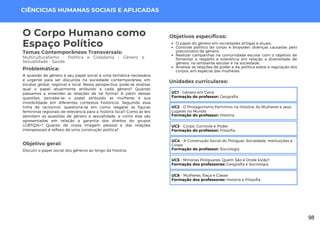 CIÊNCICIAS HUMANAS SOCIAIS E APLICADAS
O papel do gênero em sociedades antigas e atuais;
Controle político do corpo e biopoder; doenças causadas pelo
preconceito de gênero;
Realizar campanhas na comunidade escolar com o objetivo de
fomentar o respeito e tolerância em relação a diversidade de
gênero, no ambiente escolar e na sociedade;
Analisar as relações de poder e da política sobre a regulação dos
corpos, em especial das mulheres.
Unidades curriculares:
O Corpo Humano como
Espaço Político
Temas Contemporâneos Transversais:
Multiculturalismo - Política e Cidadania - Gênero e
Sexualidade - Saúde
A questão de gênero e seu papel social é uma temática necessária
e urgente para ser discutida na sociedade contemporânea, em
escalas global, regional e local. Nessa perspectiva, pode-se analisar
qual o papel atualmente atribuído a cada gênero? Quando
passamos a entender as relações de tal forma? A partir dessas
questões, percebe-se o papel atribuído as mulheres e sua
invisibilidade em diferentes contextos históricos. Seguindo essa
linha de raciocínio, questiona-se em como resgatar as figuras
femininas regionais de relevância para a história local? Como as leis
abordam as questões de gênero e sexualidade, e como elas são
apresentadas em relação a garantia dos direitos do grupos
LGBTQIA+? Quanto de nossa imagem pessoal e das relações
interpessoais é reflexo de uma construção política?
Problemática:
Objetivos específicos:
UC1 - Gênero em Cena
Formação do professor: Geografia
UC2 - O Protagonismo Feminino na História: As Mulheres e seus
Lugares no Mundo
Formação do professor: História
UC3 - Corpo, Controle e Poder
Formação do professor: Filosofia
UC4 - A Construção Social do Potiguar: Sociedade, Instituições e
Corpo
Formação do professor: Sociologia
UC5 - Minorias Potiguares: Quem São e Onde Estão?
Formação dos professores: Geografia e Sociologia
UC6 - Mulheres, Raça e Classe
Formação dos professores: História e Filosofia
Objetivo geral:
Discutir o papel social dos gêneros ao longo da história.
98
 