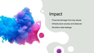 Impact
• Financial damage from key abuse
• Infrastructure access and takeover
• Sensitive data leakage
 