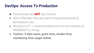 51
DevOps: Access To Production
● Productivity was NOT top concern.
● 25% of DevOps time was spent on granting/revoking
permissions, etc.
● Moving to JIT → several headcounts are now working on
MEANINGFUL things.
● Factors: # data users, grant time, revoke time,
monitoring time, pager duties
 