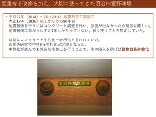 度重なる改修を加え、大切に使ってきた明治神宮野球場
・平成26年（2014）～28（2016）耐震補強工事竣工
大正15年（1926）竣工からから90年目
耐震補強を行うにはコンクリート調査を行い、強度が出なかったら補強は難しい。
耐震補強工事からわずか7年しかたっていない。長く使うことを想定していた。
以前はコンクリート中性化＝老朽化と言われていた。
近年の研究で中性化≠老朽化が定説となった。
中性化が進んでも外装防水施工を行うことで、水の侵入を防げば建物は長寿命化
 