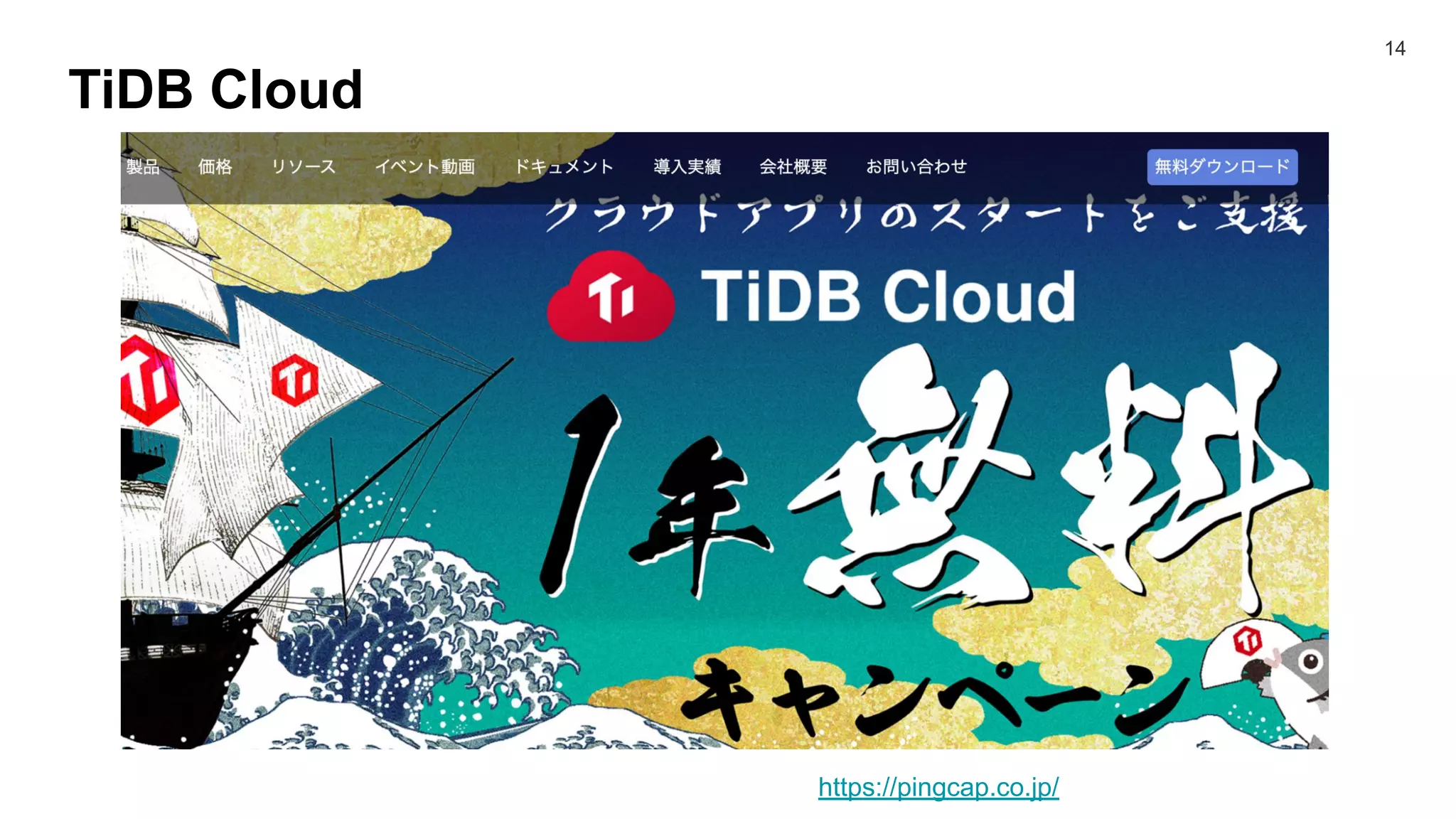 TiDB Cloud
14
https://pingcap.co.jp/
 