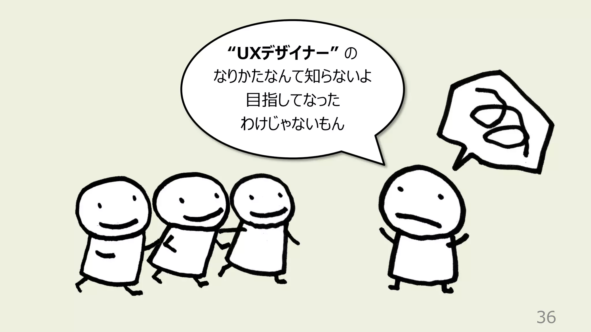 36
“UXデザイナー” の
なりかたなんて知らないよ
⽬指してなった
わけじゃないもん
 