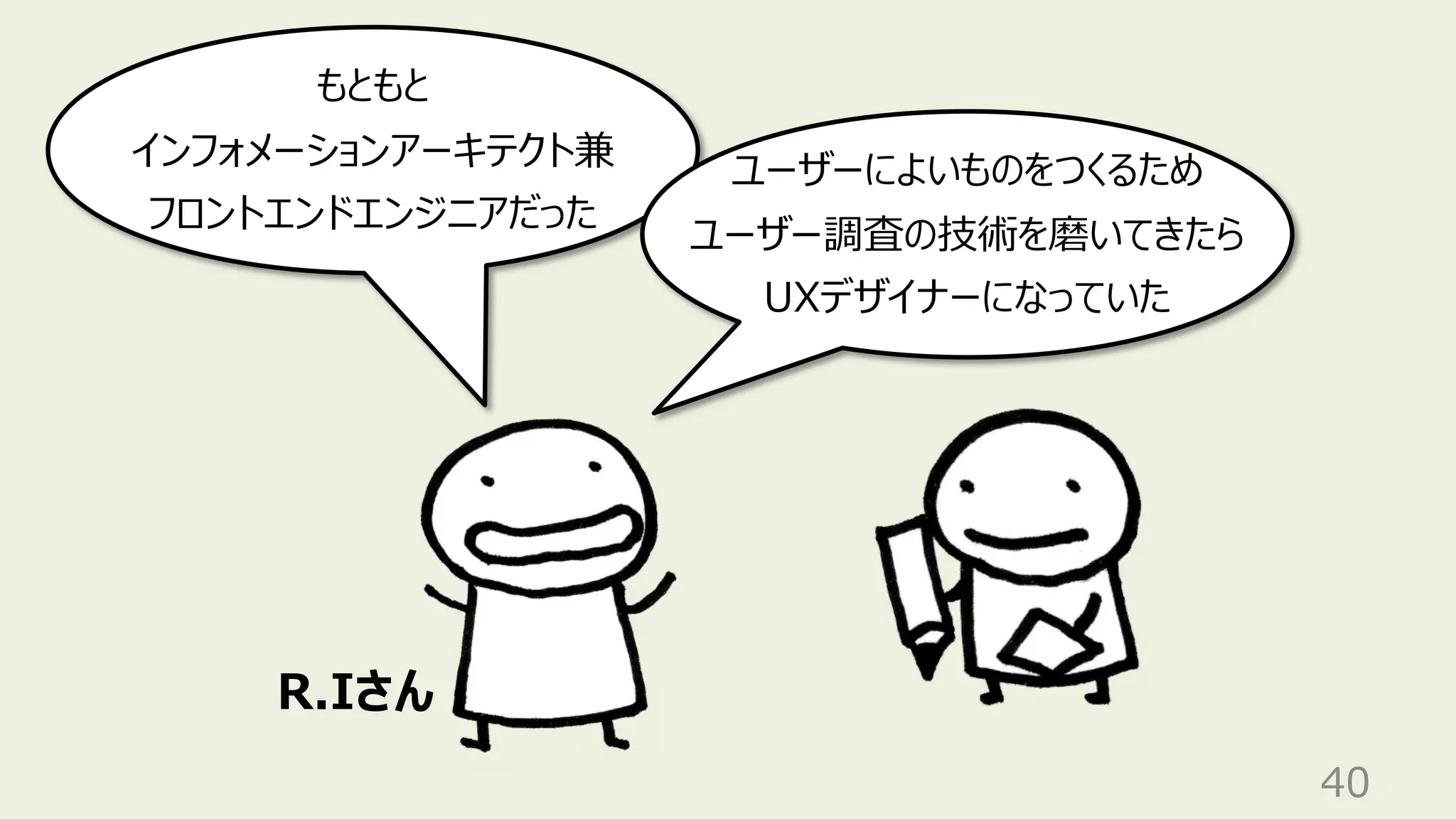 40
もともと
インフォメーションアーキテクト兼
フロントエンドエンジニアだった
ユーザーによいものをつくるため
ユーザー調査の技術を磨いてきたら
UXデザイナーになっていた
R.Iさん
 