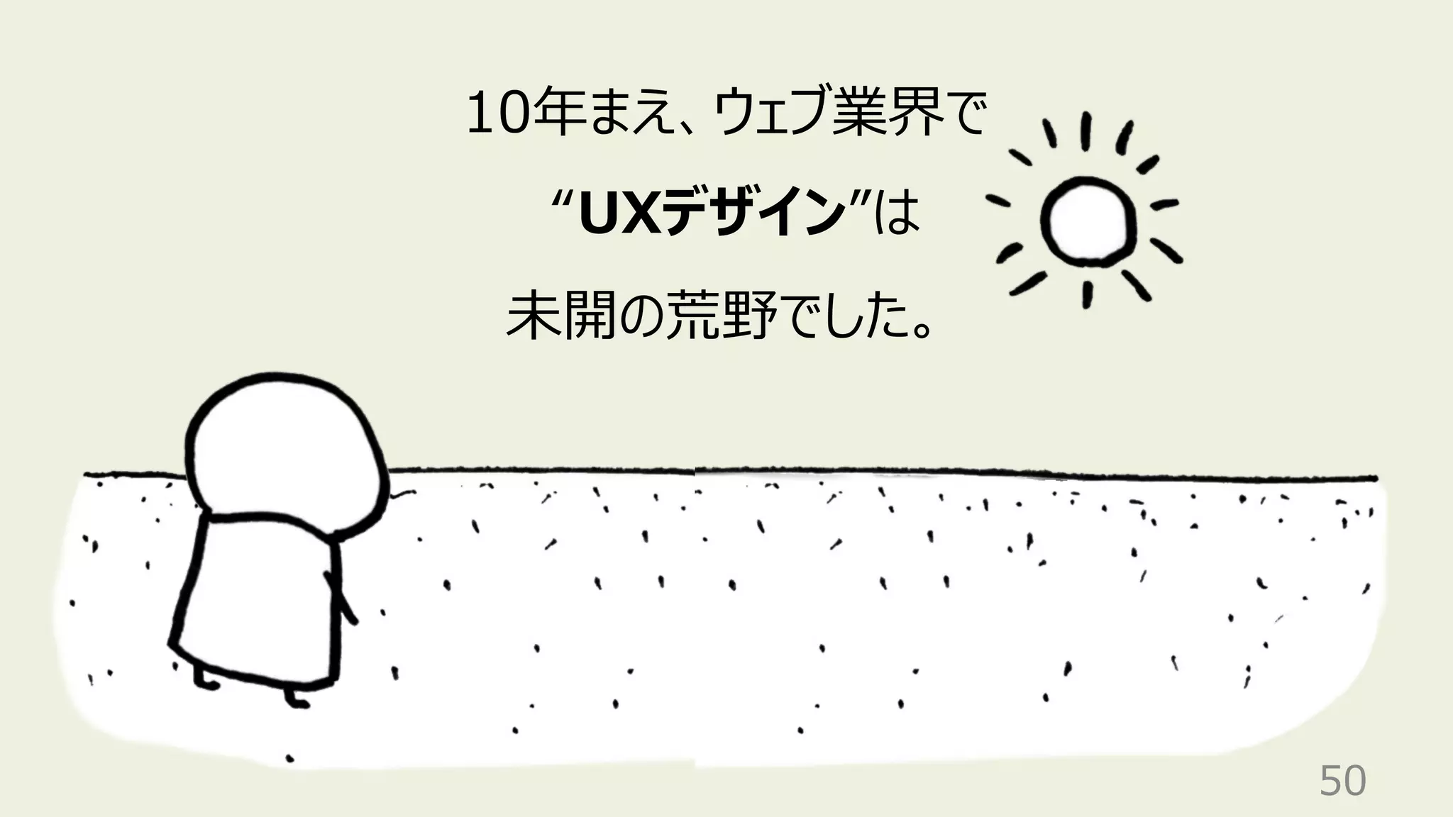 50
10年まえ、ウェブ業界で
“UXデザイン”は
未開の荒野でした。
 