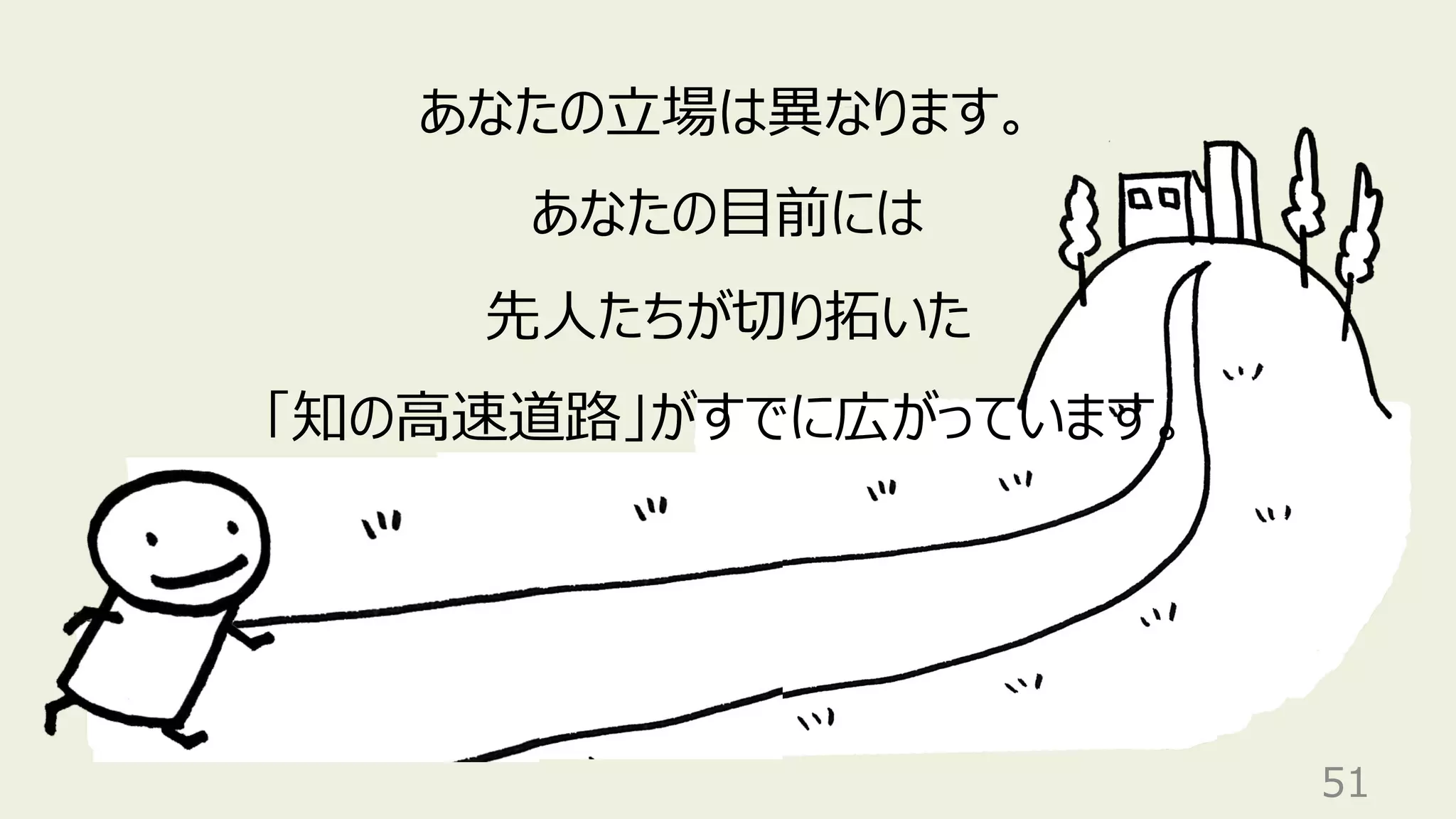 51
あなたの⽴場は異なります。
あなたの⽬前には
先⼈たちが切り拓いた
「知の⾼速道路」がすでに広がっています。
 