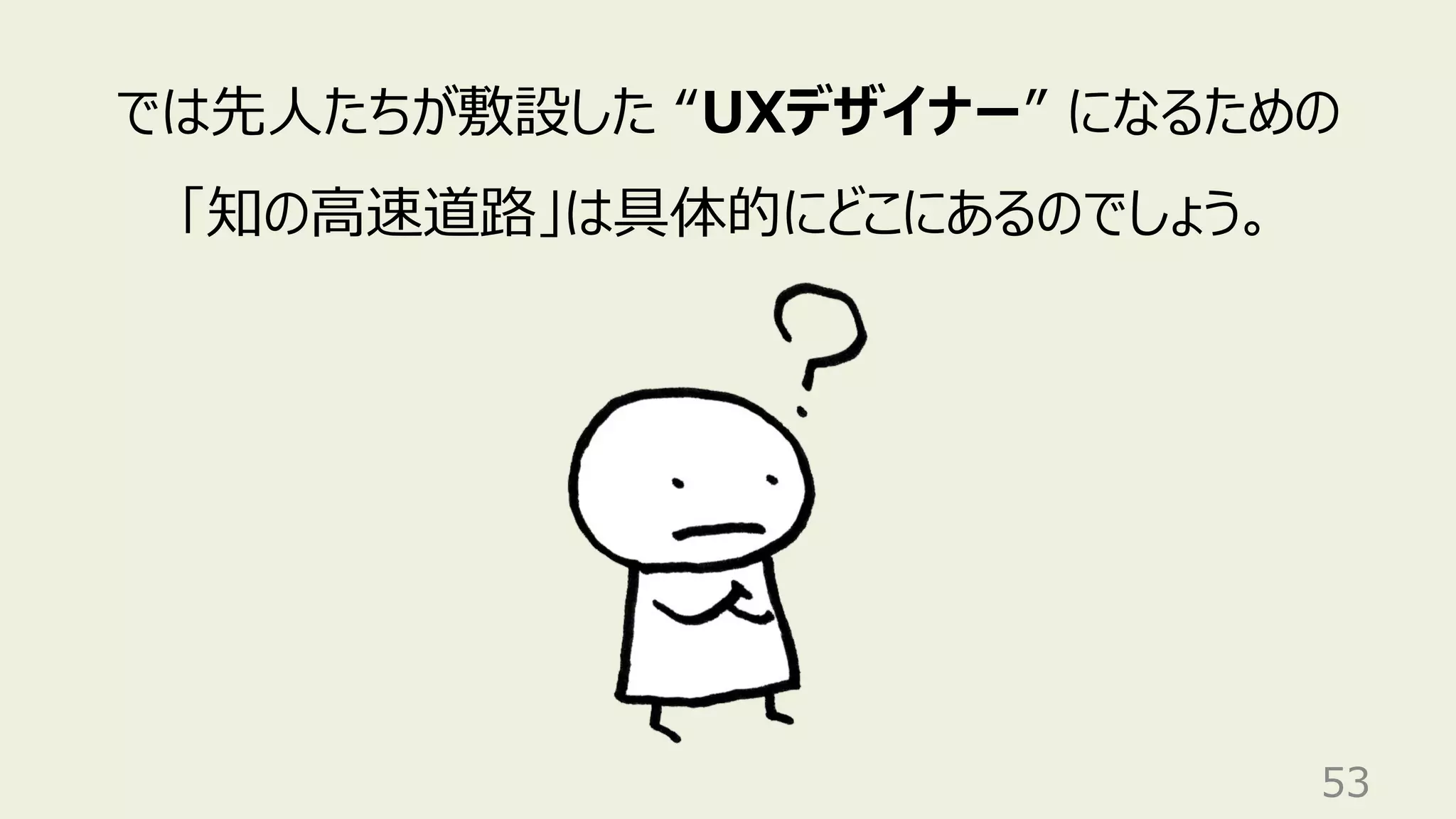 53
では先⼈たちが敷設した “UXデザイナー” になるための
「知の⾼速道路」は具体的にどこにあるのでしょう。
 