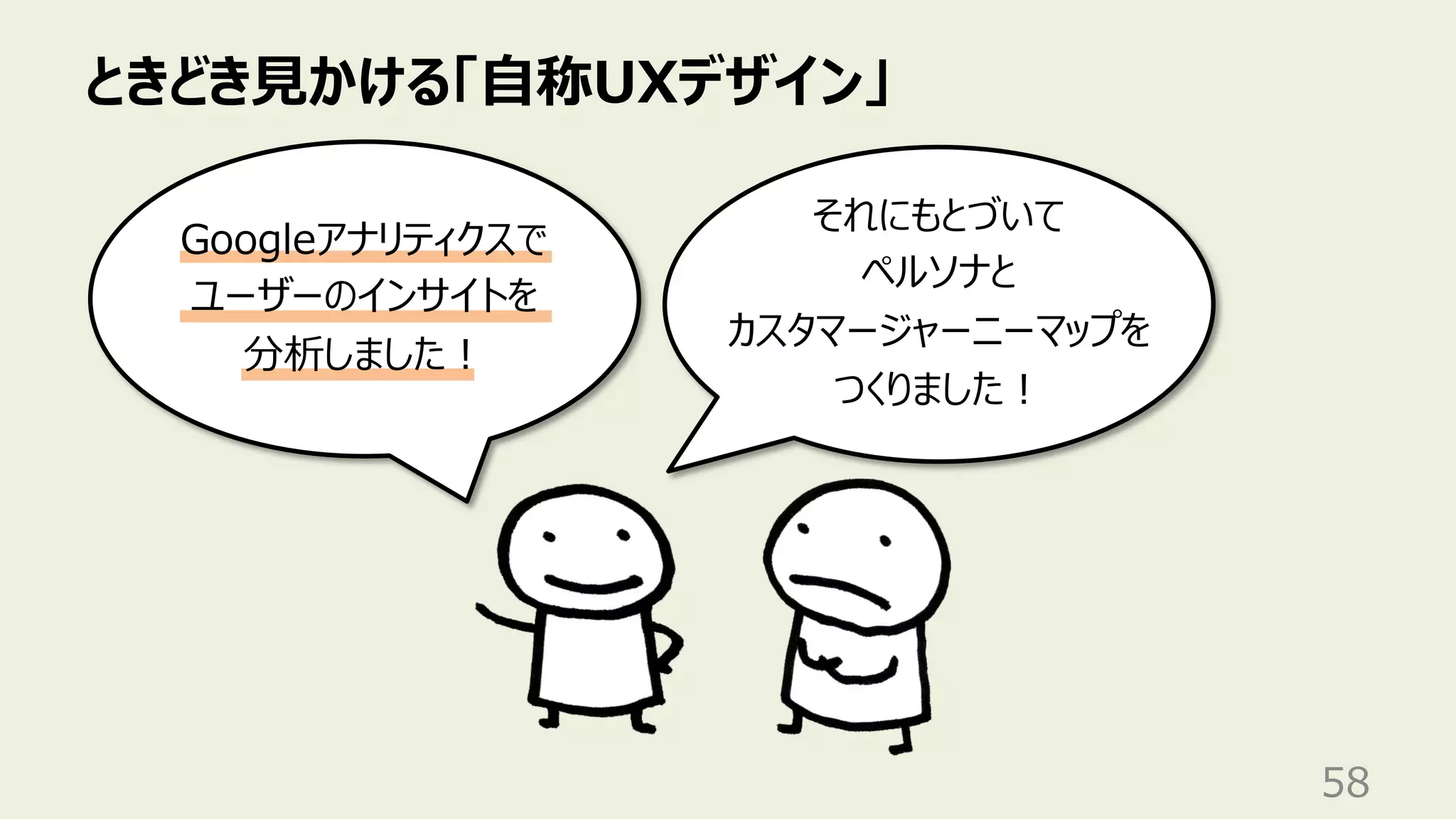 ときどき⾒かける「⾃称UXデザイン」
58
それにもとづいて
ペルソナと
カスタマージャーニーマップを
つくりました︕
Googleアナリティクスで
ユーザーのインサイトを
分析しました︕
 