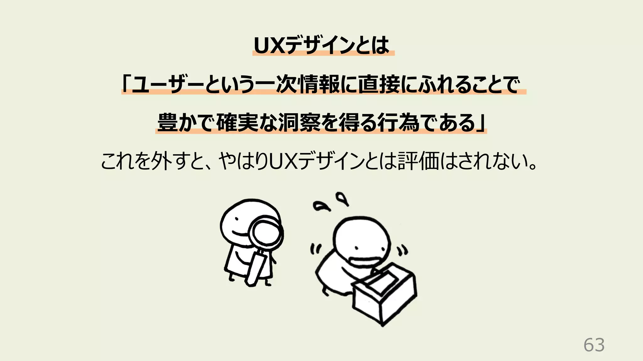 63
UXデザインとは
「ユーザーという⼀次情報に直接にふれることで
豊かで確実な洞察を得る⾏為である」
これを外すと、やはりUXデザインとは評価はされない。
 