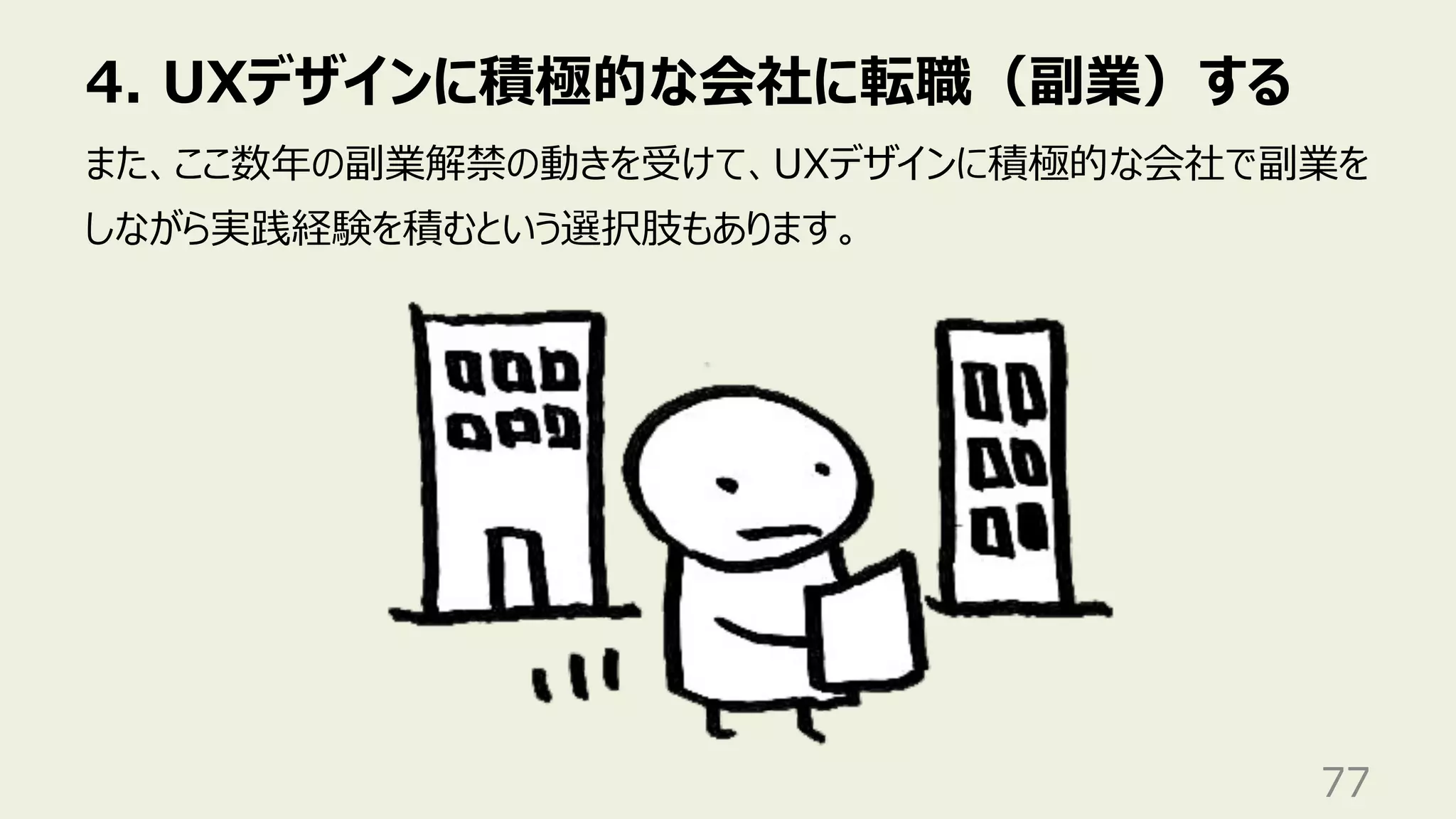 4. UXデザインに積極的な会社に転職（副業）する
77
また、ここ数年の副業解禁の動きを受けて、UXデザインに積極的な会社で副業を
しながら実践経験を積むという選択肢もあります。
 