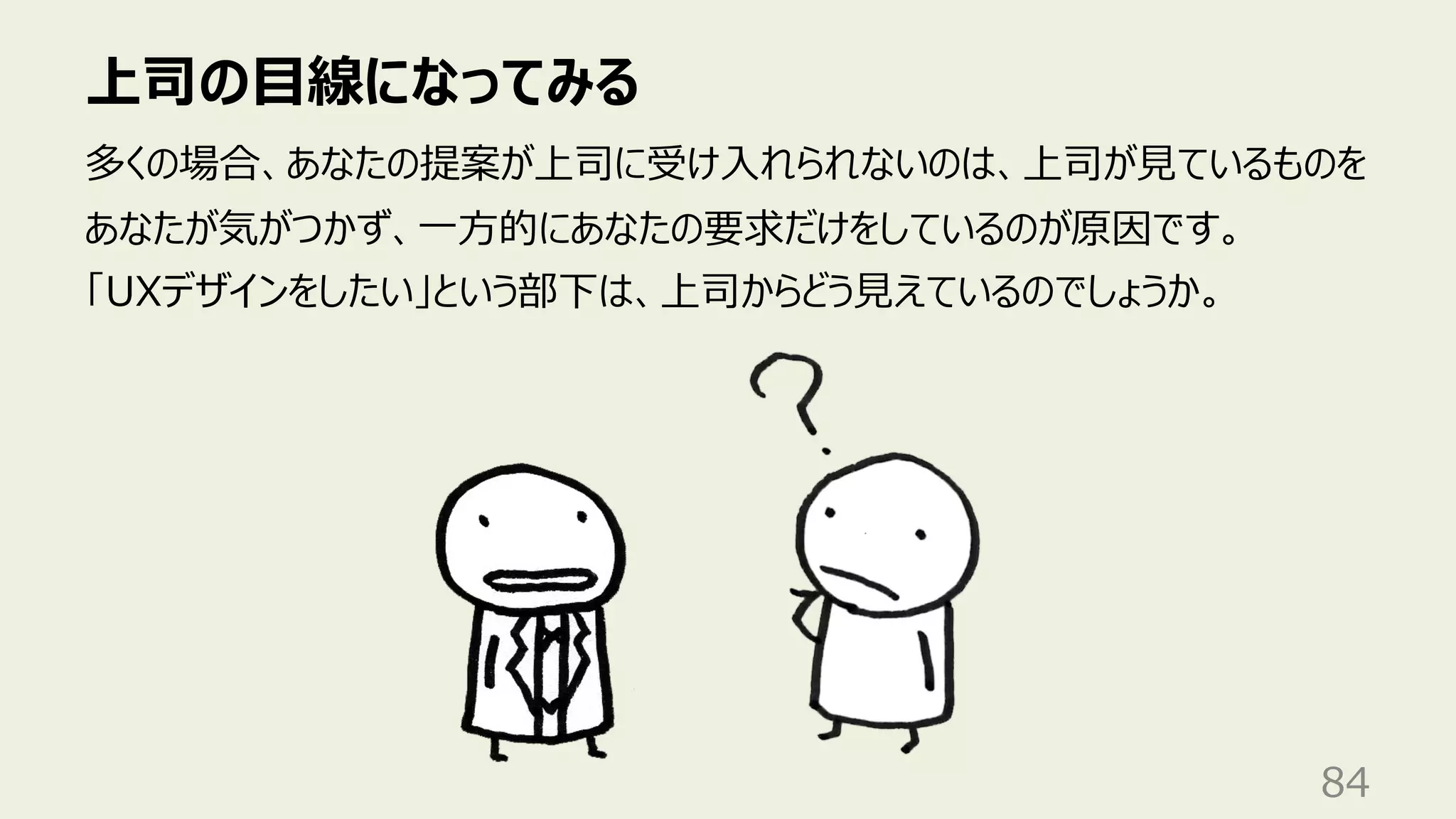 上司の⽬線になってみる
84
多くの場合、あなたの提案が上司に受け⼊れられないのは、上司が⾒ているものを
あなたが気がつかず、⼀⽅的にあなたの要求だけをしているのが原因です。
「UXデザインをしたい」という部下は、上司からどう⾒えているのでしょうか。
 