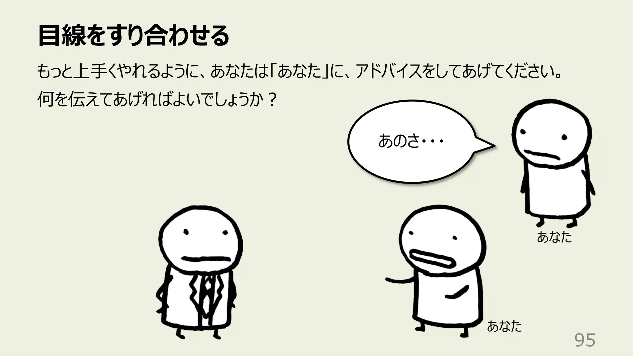 ⽬線をすり合わせる
95
もっと上⼿くやれるように、あなたは「あなた」に、アドバイスをしてあげてください。
何を伝えてあげればよいでしょうか︖
あなた
あのさ・・・
あなた
 
