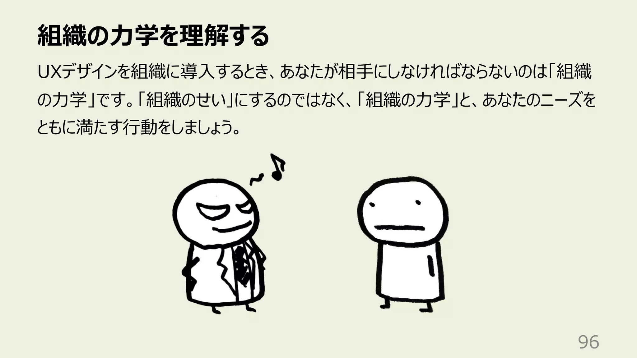 組織の⼒学を理解する
96
UXデザインを組織に導⼊するとき、あなたが相⼿にしなければならないのは「組織
の⼒学」です。「組織のせい」にするのではなく、「組織の⼒学」と、あなたのニーズを
ともに満たす⾏動をしましょう。
 