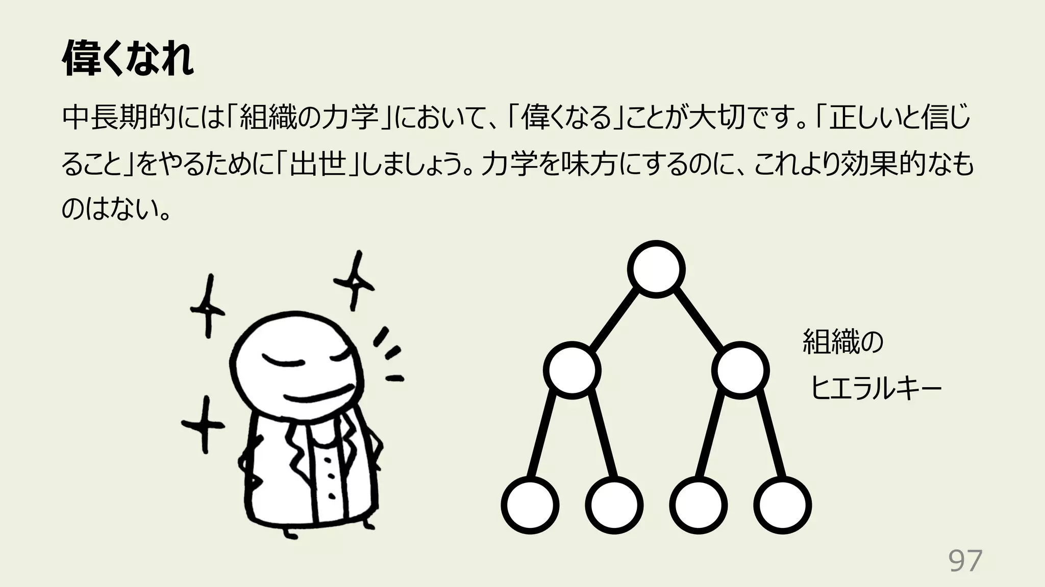 偉くなれ
97
中⻑期的には「組織の⼒学」において、「偉くなる」ことが⼤切です。「正しいと信じ
ること」をやるために「出世」しましょう。⼒学を味⽅にするのに、これより効果的なも
のはない。
組織の
ヒエラルキー
 