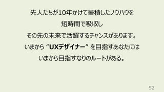 52
先⼈たちが10年かけて蓄積したノウハウを
短時間で吸収し
その先の未来で活躍するチャンスがあります。
いまから “UXデザイナー” を⽬指すあなたには
いまから⽬指すなりのルートがある。
 
