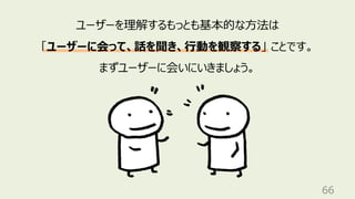 66
ユーザーを理解するもっとも基本的な⽅法は
「ユーザーに会って、話を聞き、⾏動を観察する」 ことです。
まずユーザーに会いにいきましょう。
 