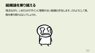 組織論を乗り越える
83
残念ながら、いまだUXデザインに理解のない組織も存在します。どのようにして軋
轢を乗り得ればよいでしょうか。
 