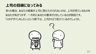 上司の⽬線になってみる
84
多くの場合、あなたの提案が上司に受け⼊れられないのは、上司が⾒ているものを
あなたが気がつかず、⼀⽅的にあなたの要求だけをしているのが原因です。
「UXデザインをしたい」という部下は、上司からどう⾒えているのでしょうか。
 