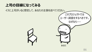上司の⽬線になってみる
86
イスに上司がいると想定して、あなたの主張を述べてください。
このプロジェクトでは
ユーザー調査をするべきです。
なぜなら・・・
あなた
 
