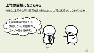 上司の⽬線になってみる
89
先ほどの上司の上司の⾔葉を⾔われたときの、上司の気持ちになりきってください。
あなた
上司の期待に応えたい。
プロジェクトは期限厳守。
ユーザー像も明らかだ。
 