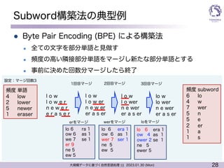 28
大規模データに基づく自然言語処理 ||| 2023.01.30 (Mon)
Subword構築法の典型例
l Byte Pair Encoding (BPE) による構築法
l 全ての文字を部分単語と見做す
l 頻度の高い隣接部分単語をマージし新たな部分単語とする
l 事前に決めた回数分マージしたら終了
erをマージ
lo 6
ow 6
we 7
er 9
ne 5
ew 5
ra 1
as 1
se 1
頻度
4
2
5
1
単語
low
lower
newer
eraser
l o w
l o w e r
n e w e r
e r a s e r
l o w
l o w er
n e w er
er a s er
lo w
lo wer
n e wer
er a s er
lo 6
ow 6
wer 7
ne 5
ew 5
era 1
as 1
ser 1
lo 6
ow 4
ower 2
ne 5
ewer 5
era 1
as 1
se 1
l o w
l o wer
n e wer
er a s er
werをマージ loをマージ
設定：マージ回数3
1回目マージ 2回目マージ 3回目マージ
頻度
6
4
7
5
5
2
1
1
subword
lo
w
wer
n
e
er
a
s
 
